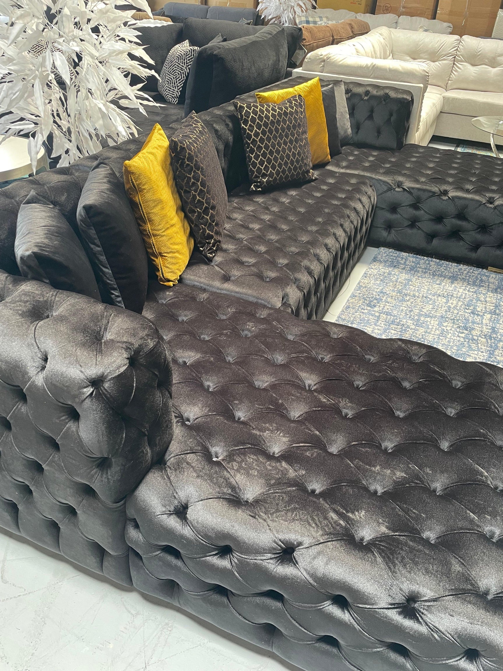 Polo Black Velvet Double Chaise "U" Shape Sectional Sofa - Ornate Home