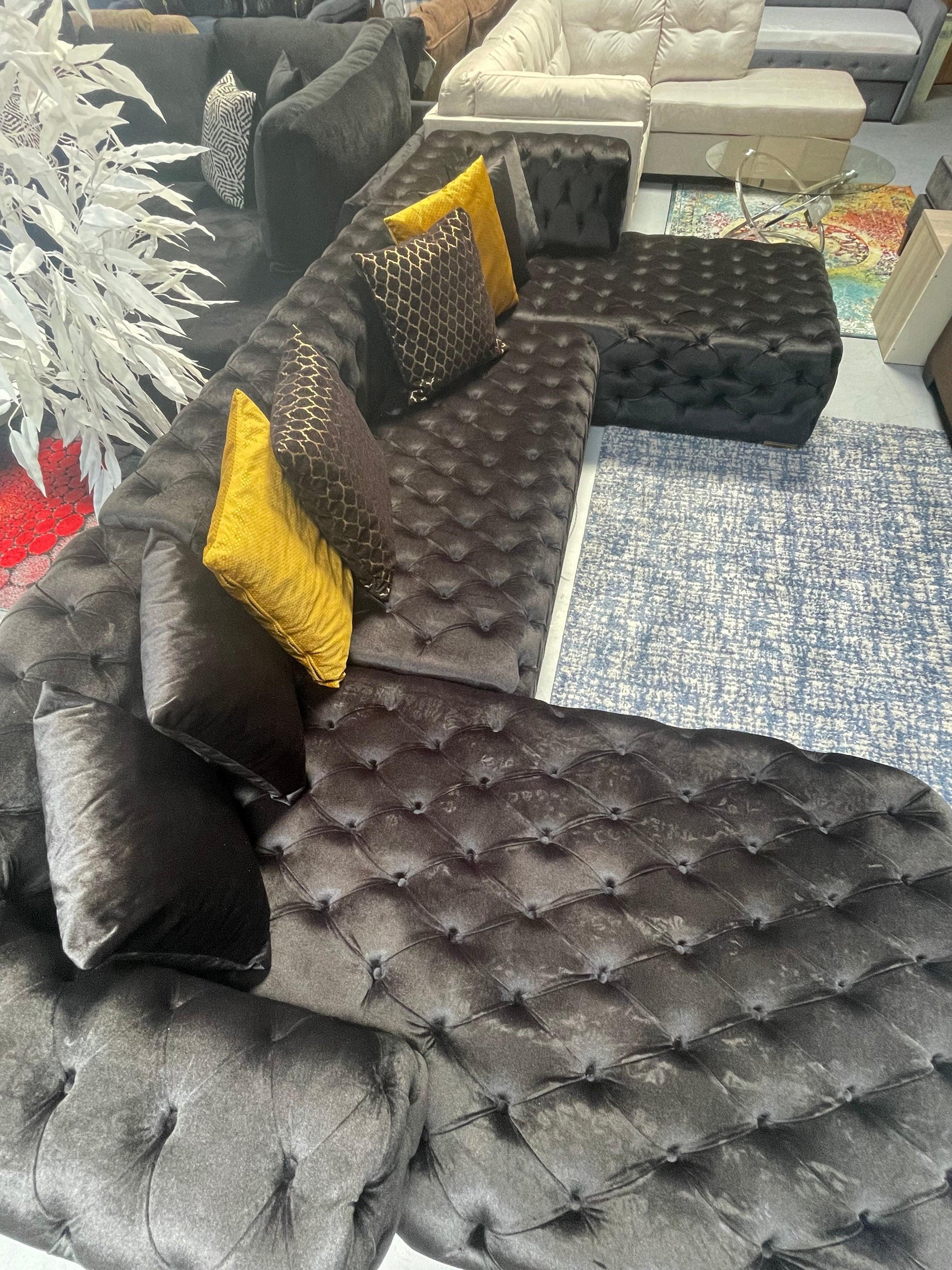 Polo Black Velvet Double Chaise "U" Shape Sectional Sofa - Ornate Home