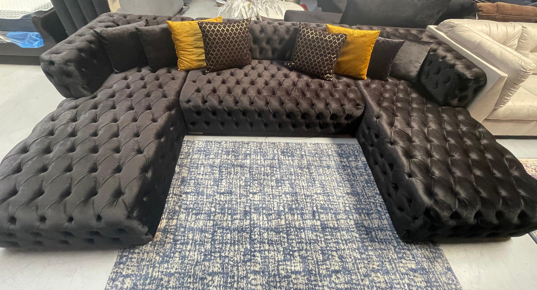 Polo Black Velvet Double Chaise "U" Shape Sectional Sofa - Ornate Home