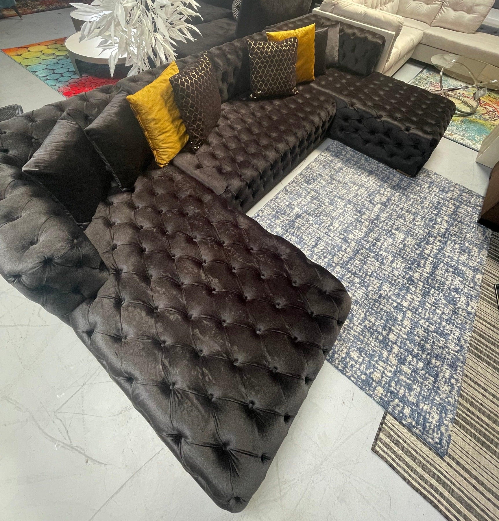 Polo Black Velvet Double Chaise "U" Shape Sectional Sofa - Ornate Home