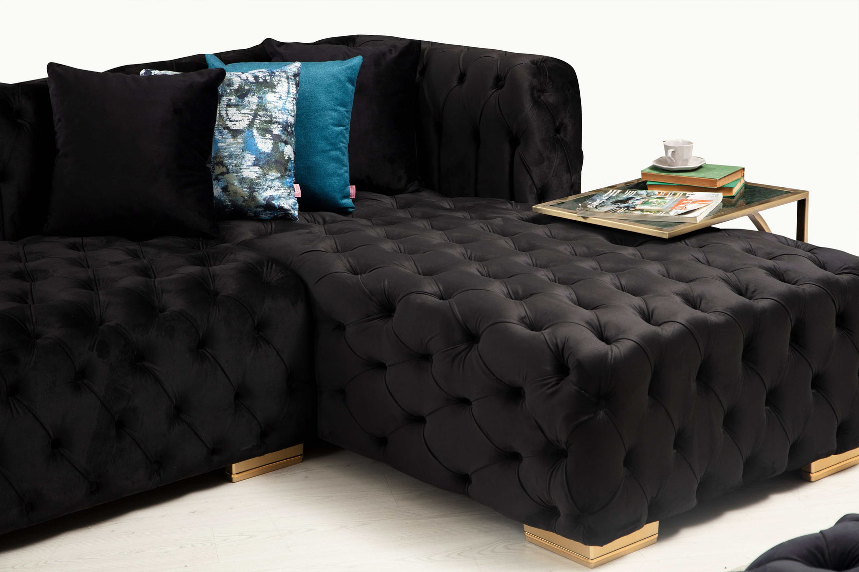 Polo Black Velvet Double Chaise "U" Shape Sectional Sofa - Ornate Home