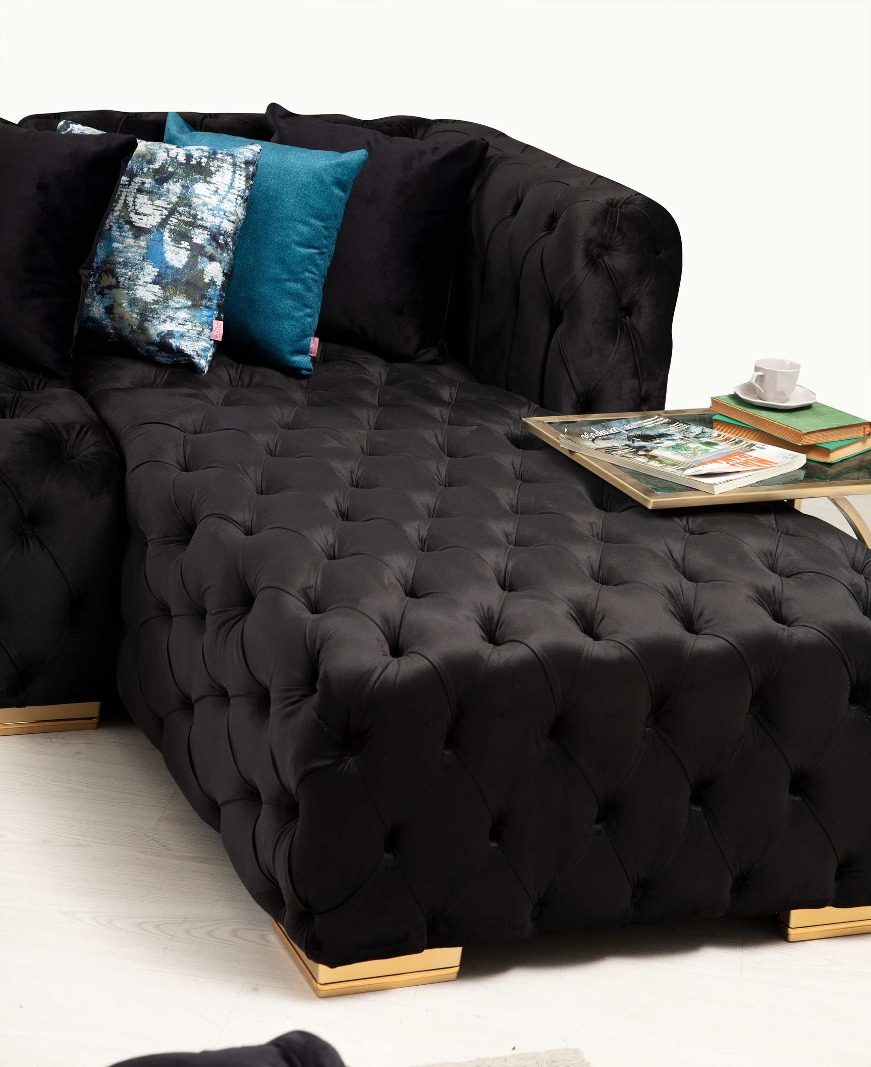 Polo Black Velvet Double Chaise "U" Shape Sectional Sofa - Ornate Home