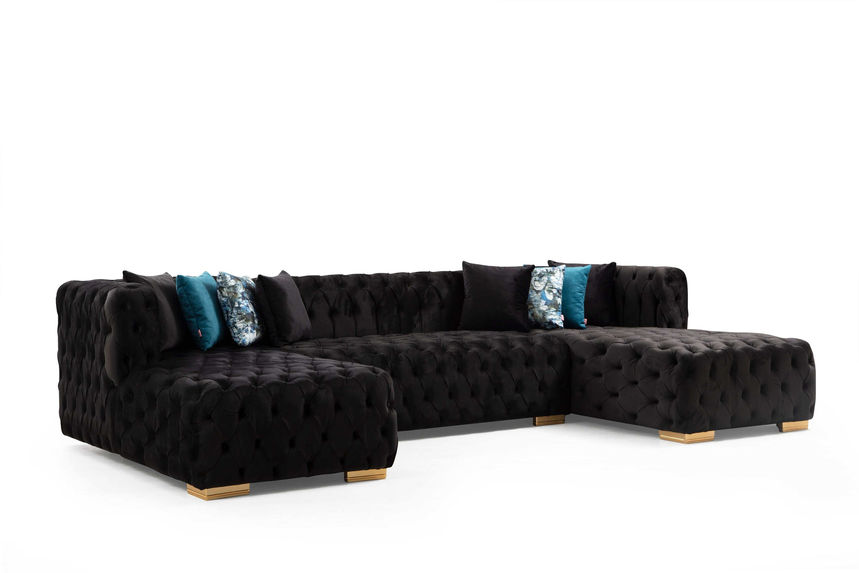 Polo Black Velvet Double Chaise "U" Shape Sectional Sofa - Ornate Home