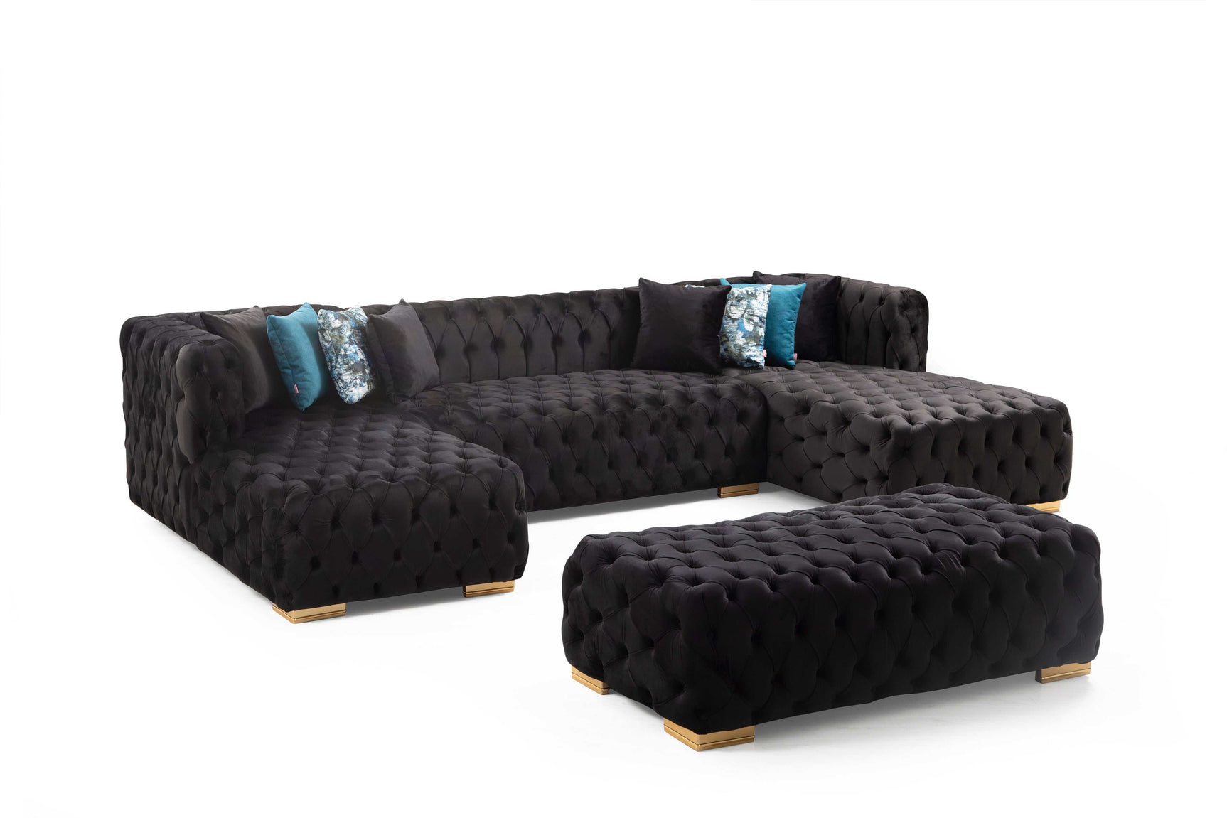 Polo Black Velvet Double Chaise "U" Shape Sectional Sofa - Ornate Home