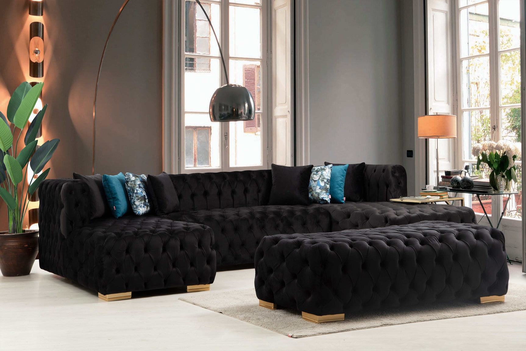 Polo Black Velvet Double Chaise "U" Shape Sectional Sofa - Ornate Home