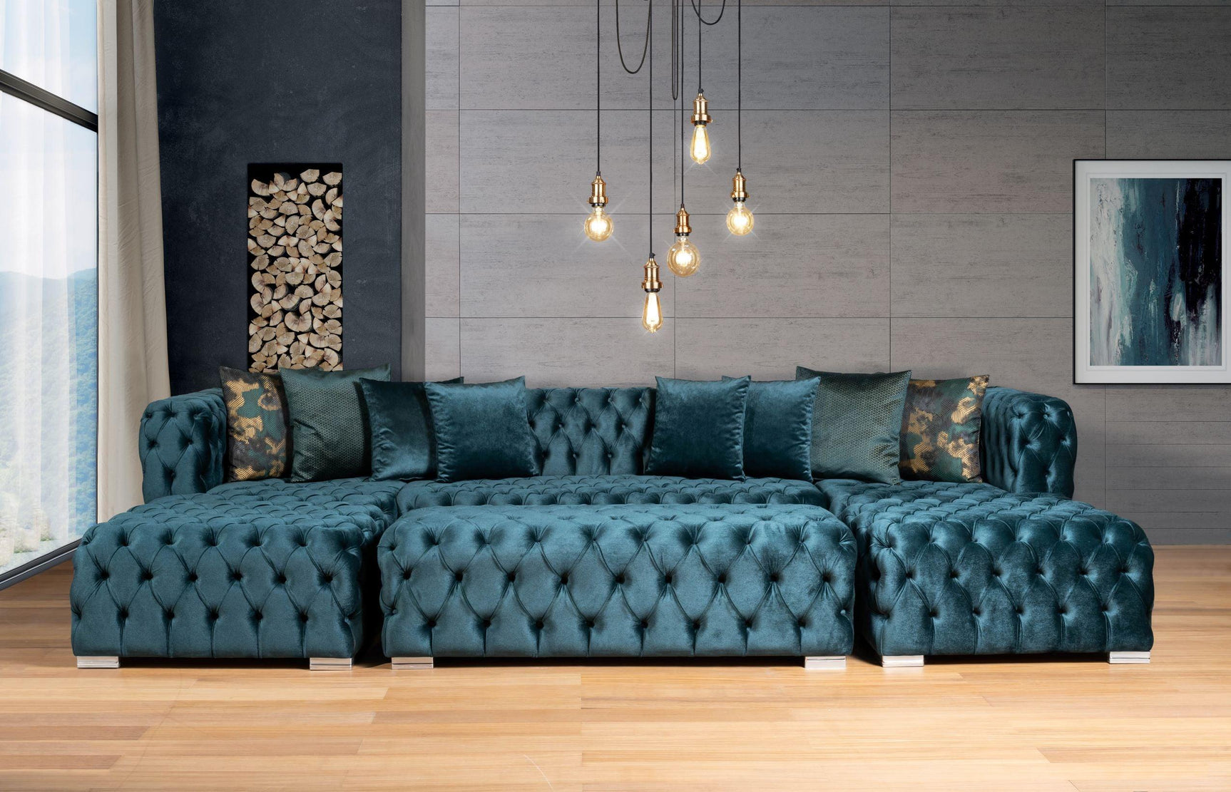 Polo Pine Green Velvet Double Chaise "U" Shape Sectional Sofa - Ornate Home