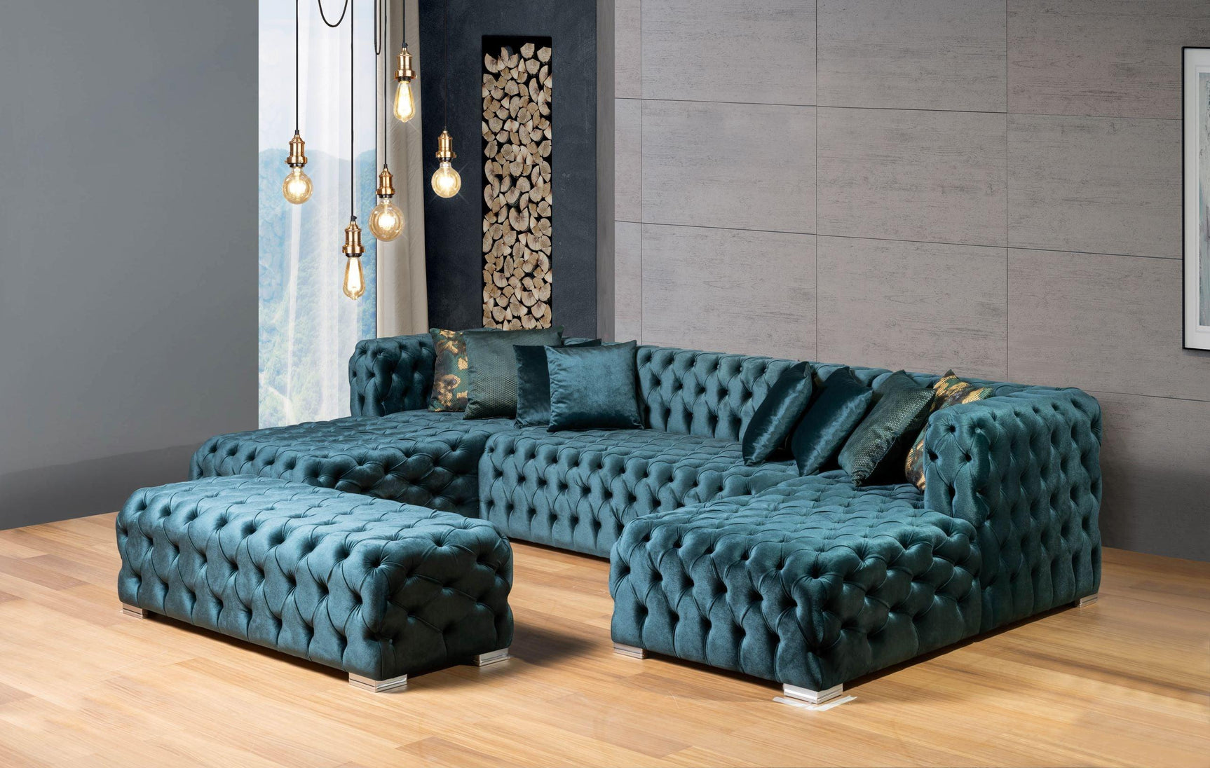 Polo Pine Green Velvet Double Chaise "U" Shape Sectional Sofa - Ornate Home