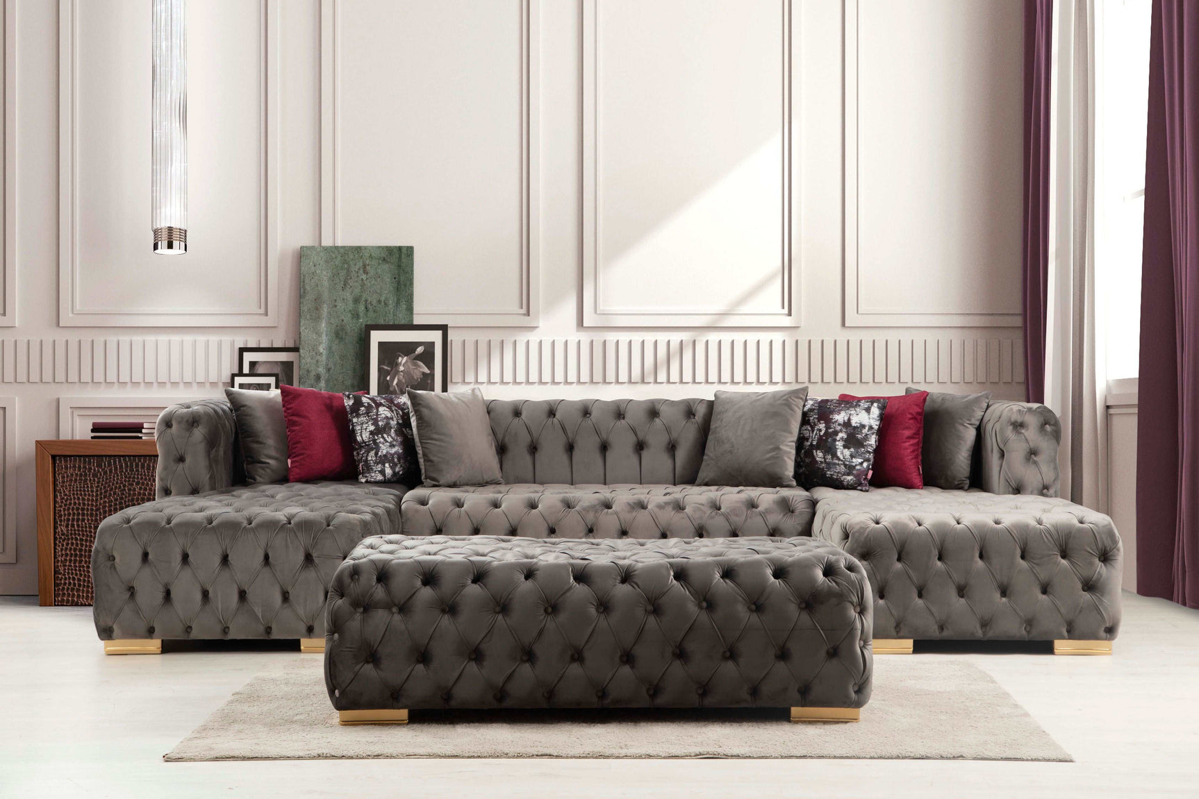 Polo Velvet Button Tufted Ottoman - Ornate Home