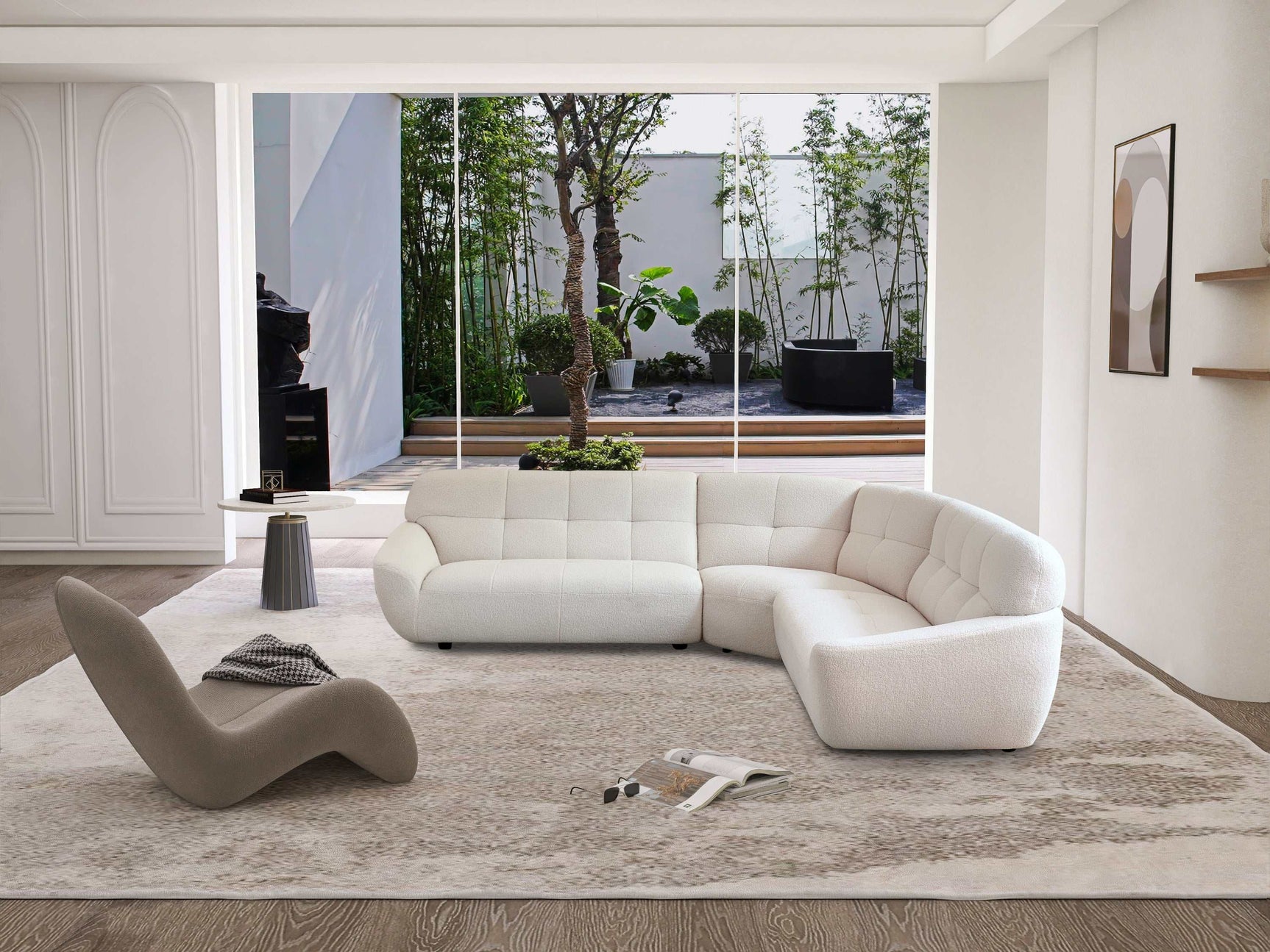 Portola 113" Large Beige Teddy Sherpa Corner Sectional Sofa with Tufted Seat - Ornate Home