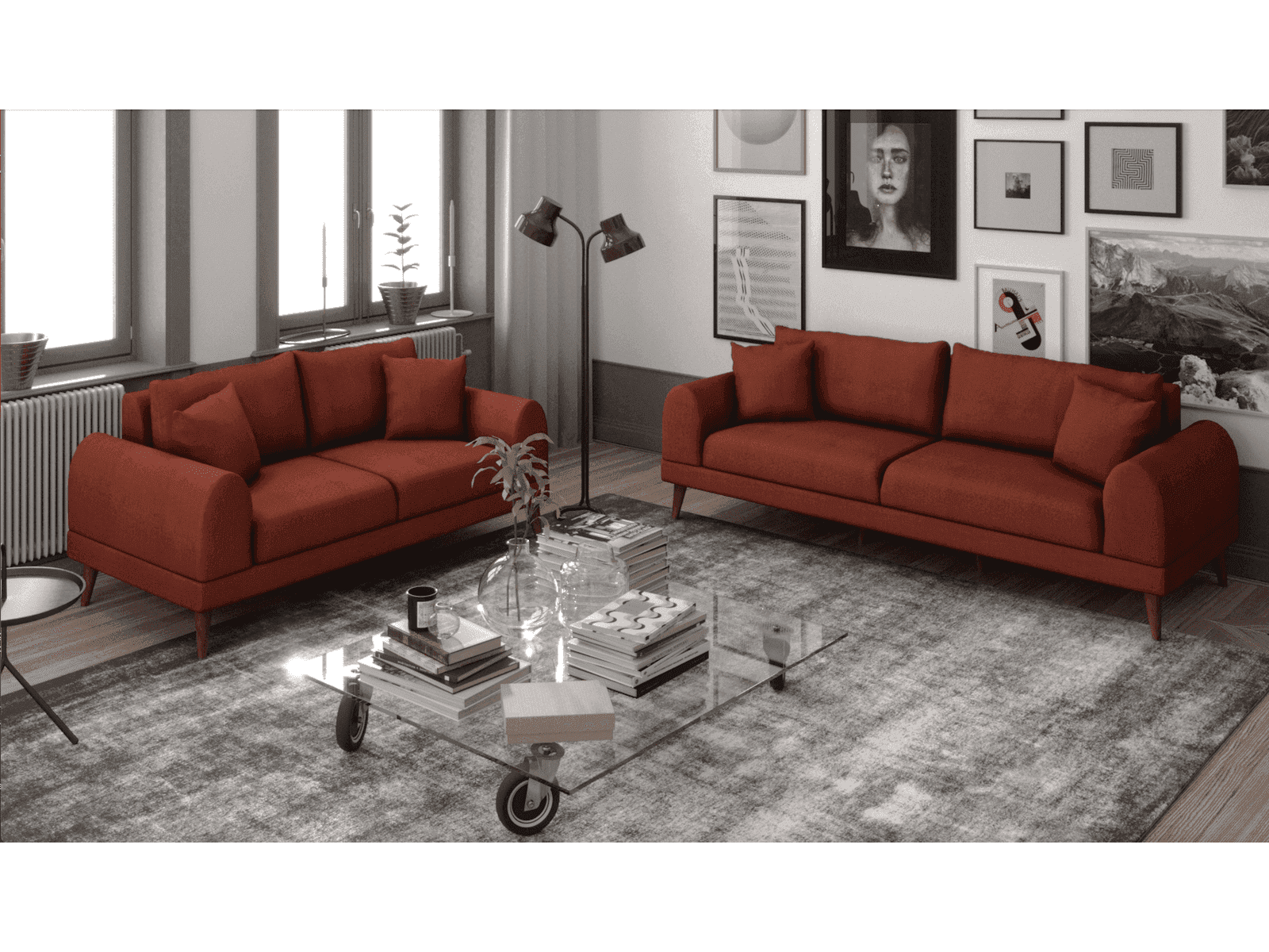 Pyramid Reddish Brown Sofa & Loveseat 2pc Set - Ornate Home