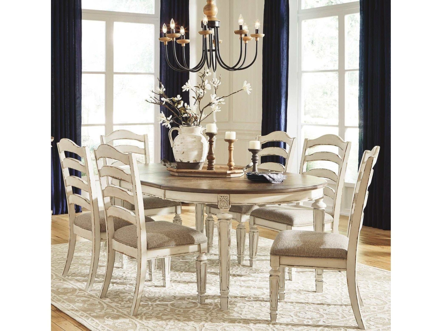 Realyn Chipped White Oval Dining Room Set / 7pc with Ladder-Back Chairs - Ornate Home