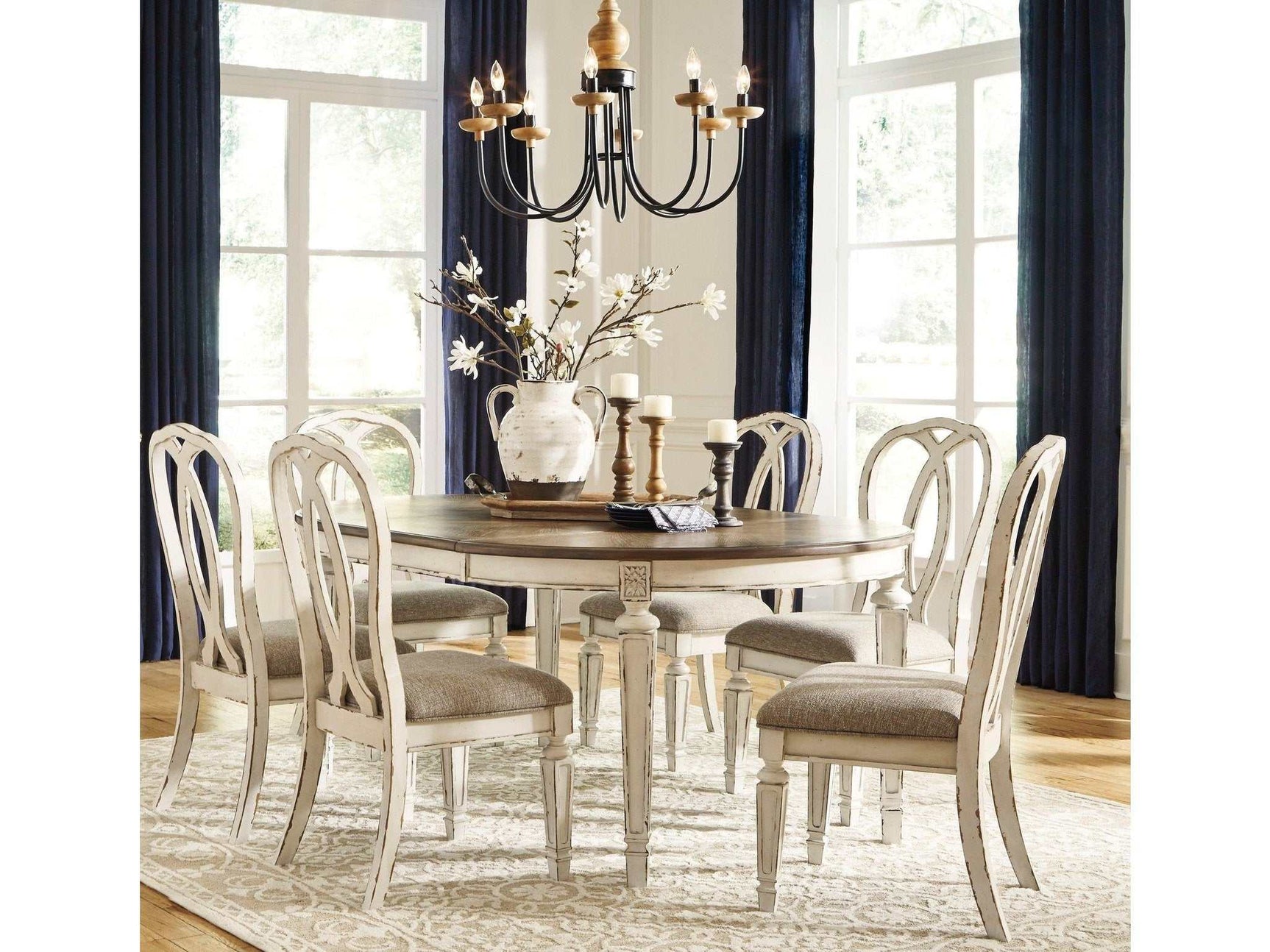 Realyn Chipped White Oval Dining Room Set / 7pc with Ribbon-Back - Ornate Home