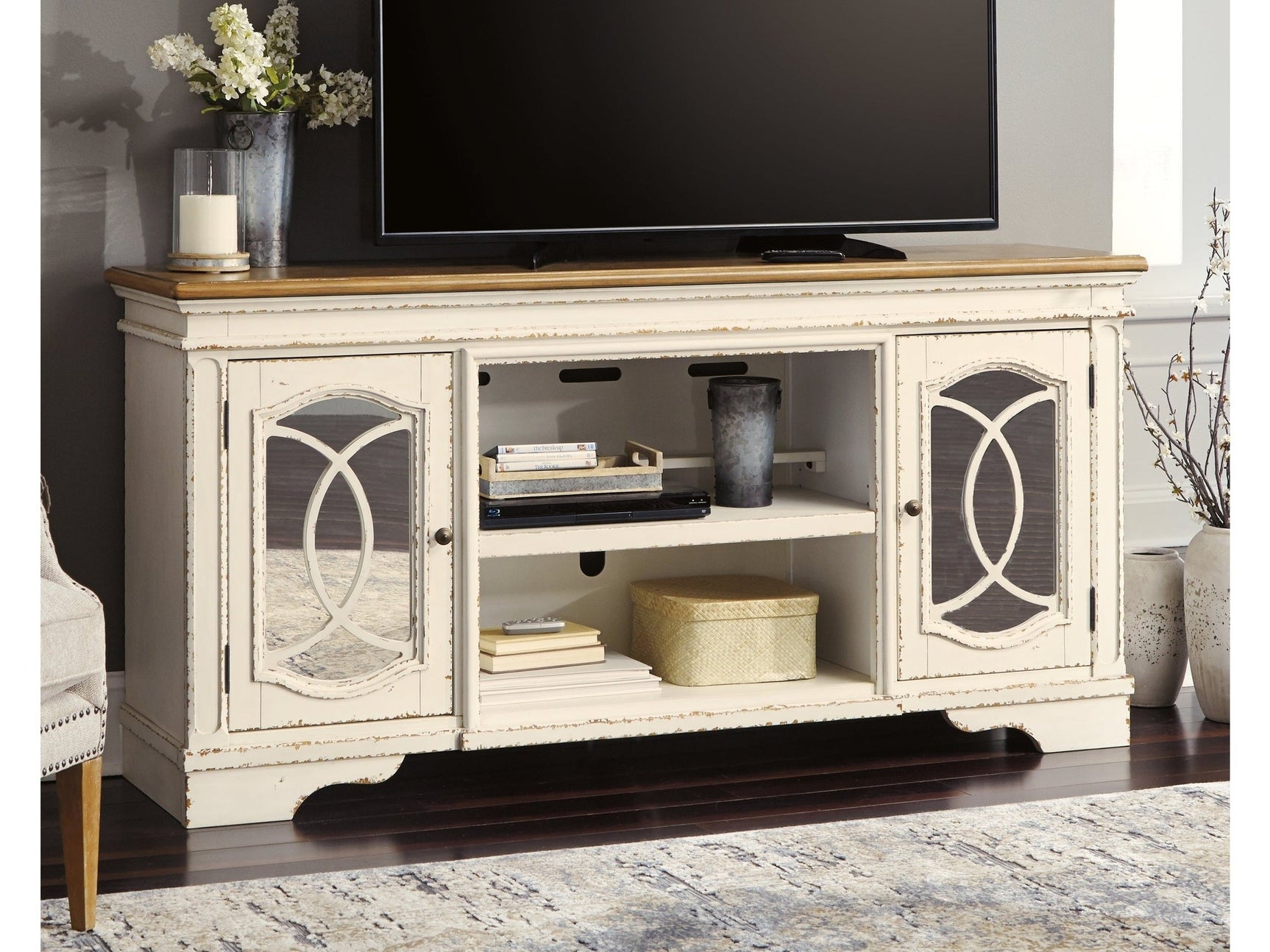 Realyn Chipped White XL 74" TV Stand w/Fireplace Option - Ornate Home