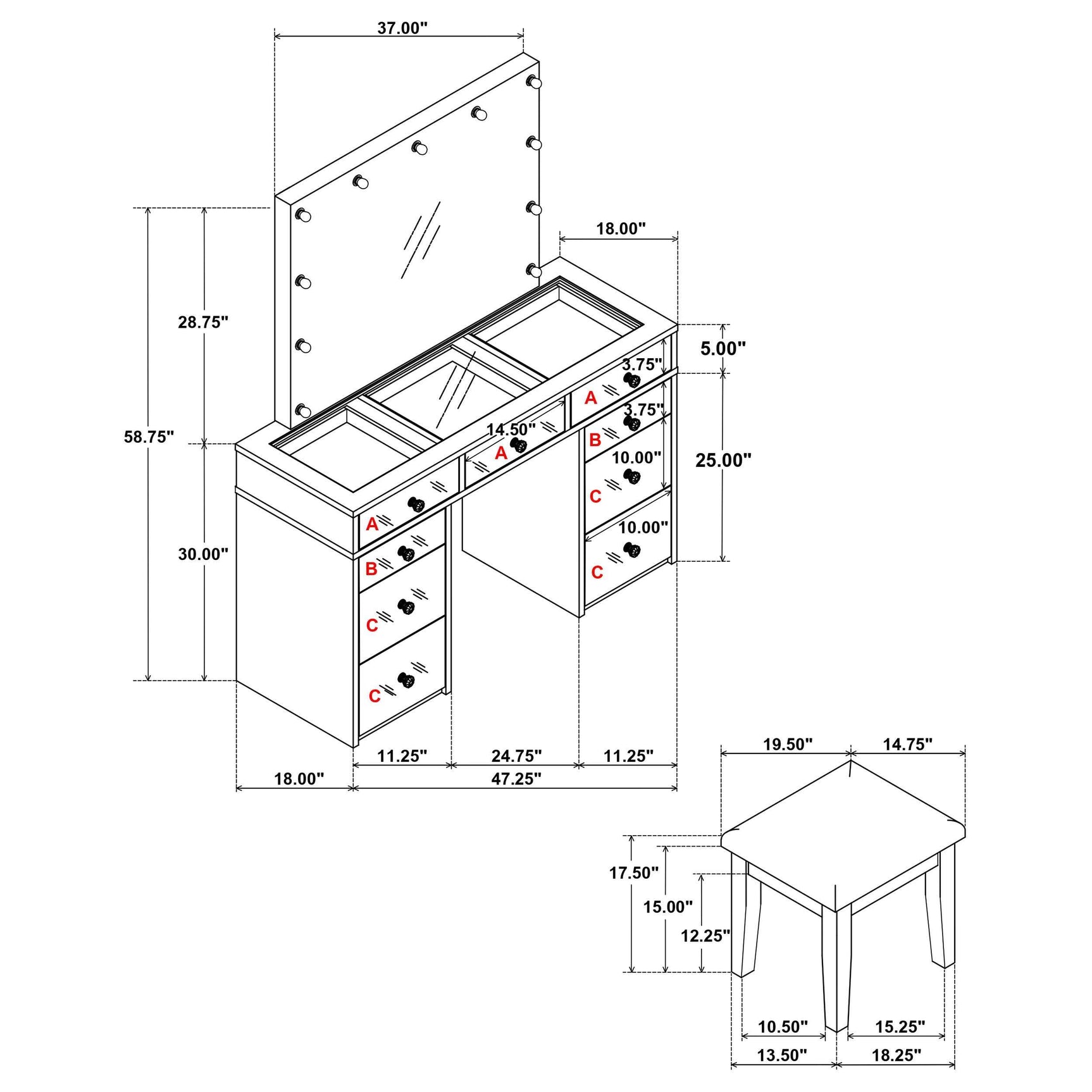 Regina White / Grey Vanity Set - Ornate Home