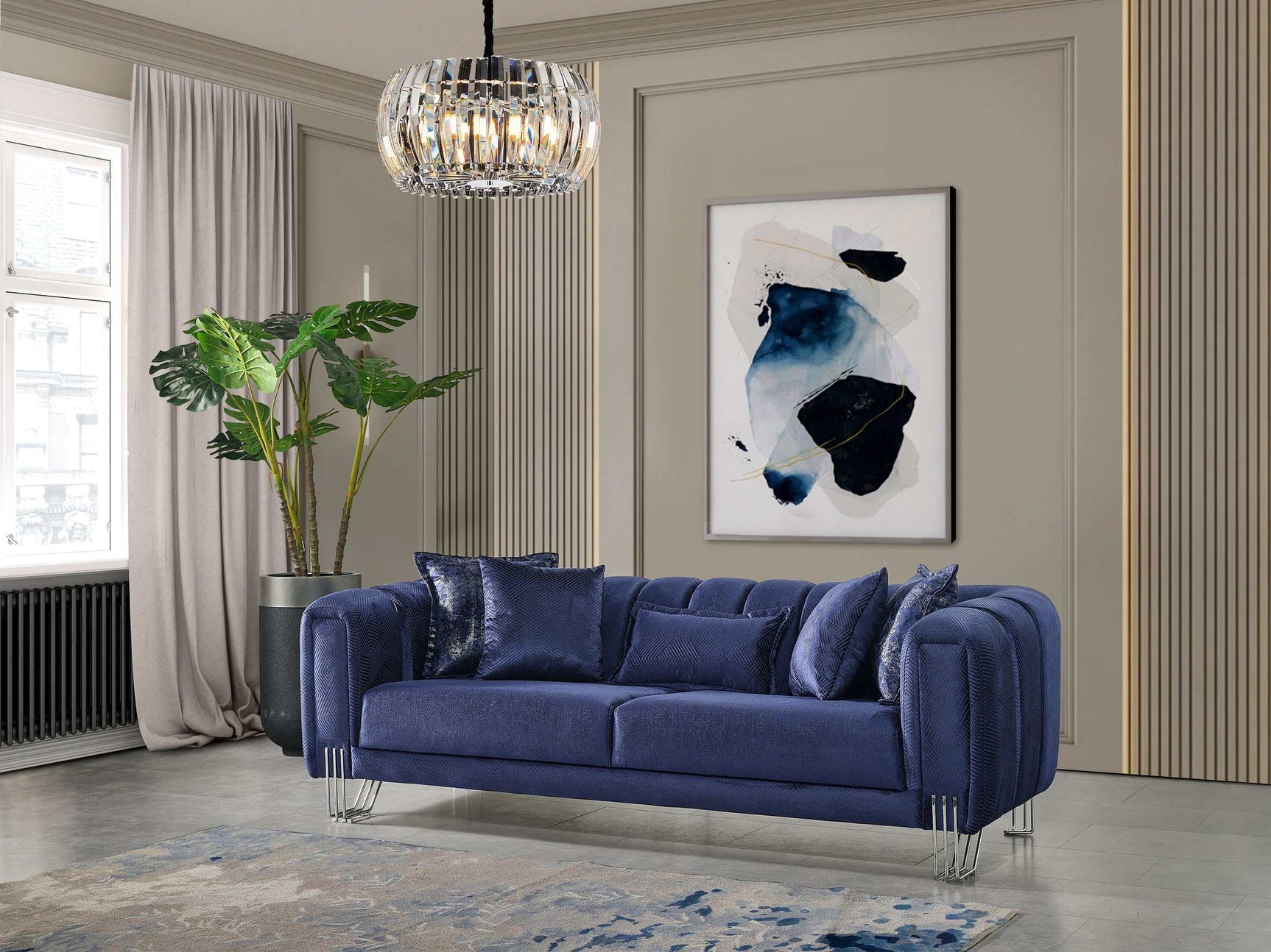 Santana Navy Velvet Sofa & Loveseat / 2pc - Ornate Home