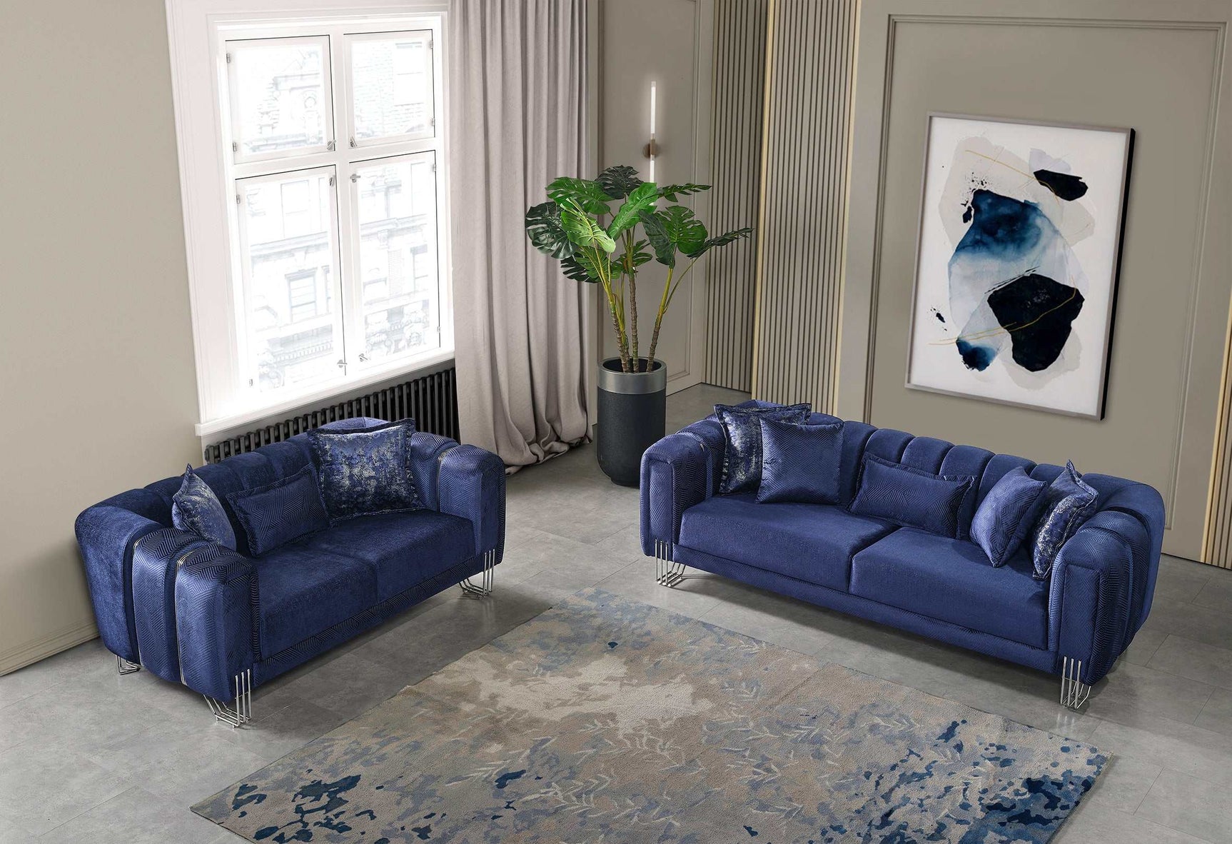 Santana Navy Velvet Sofa & Loveseat / 2pc - Ornate Home