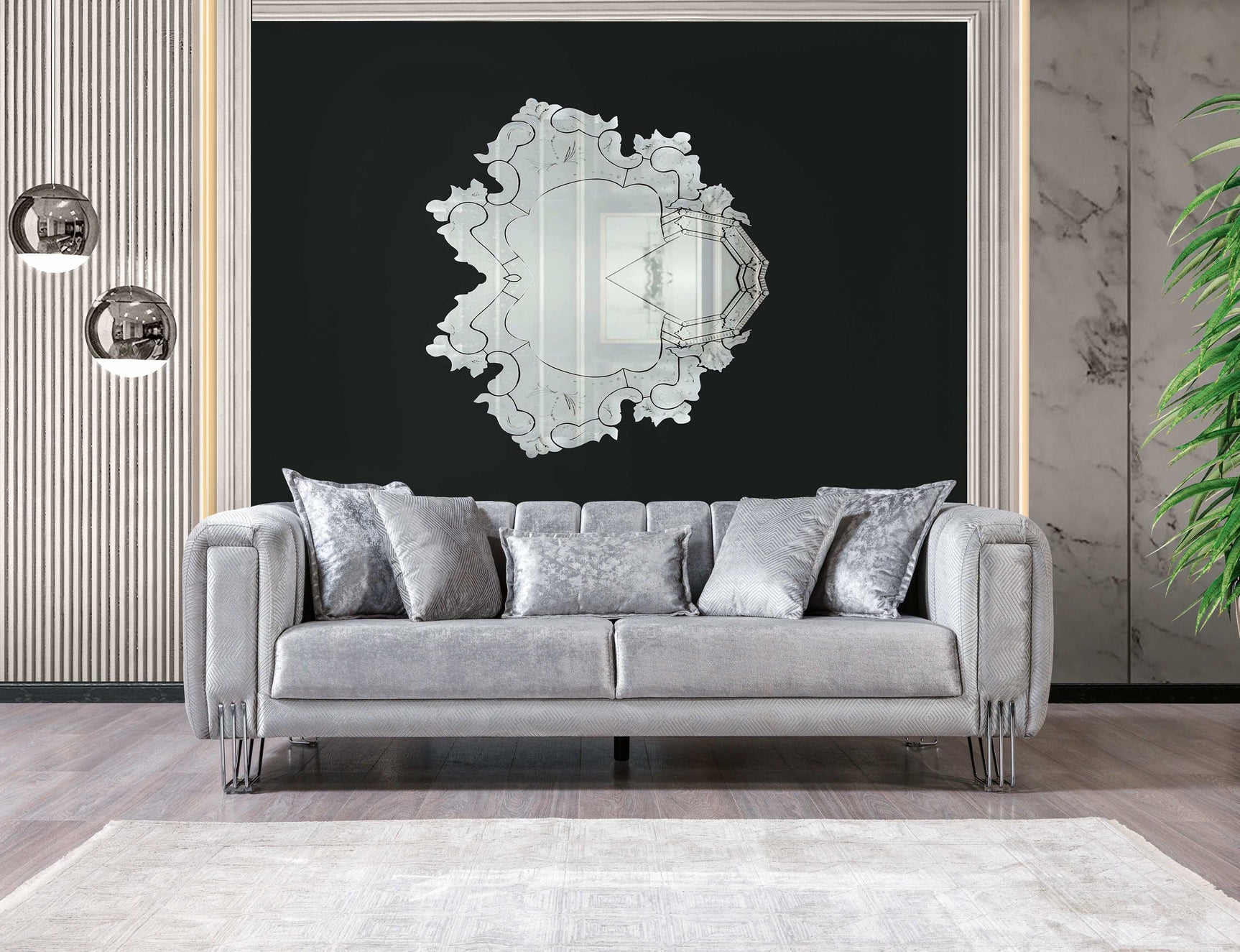 Santana Silver Velvet Sofa & Loveseat / 2pc - Ornate Home