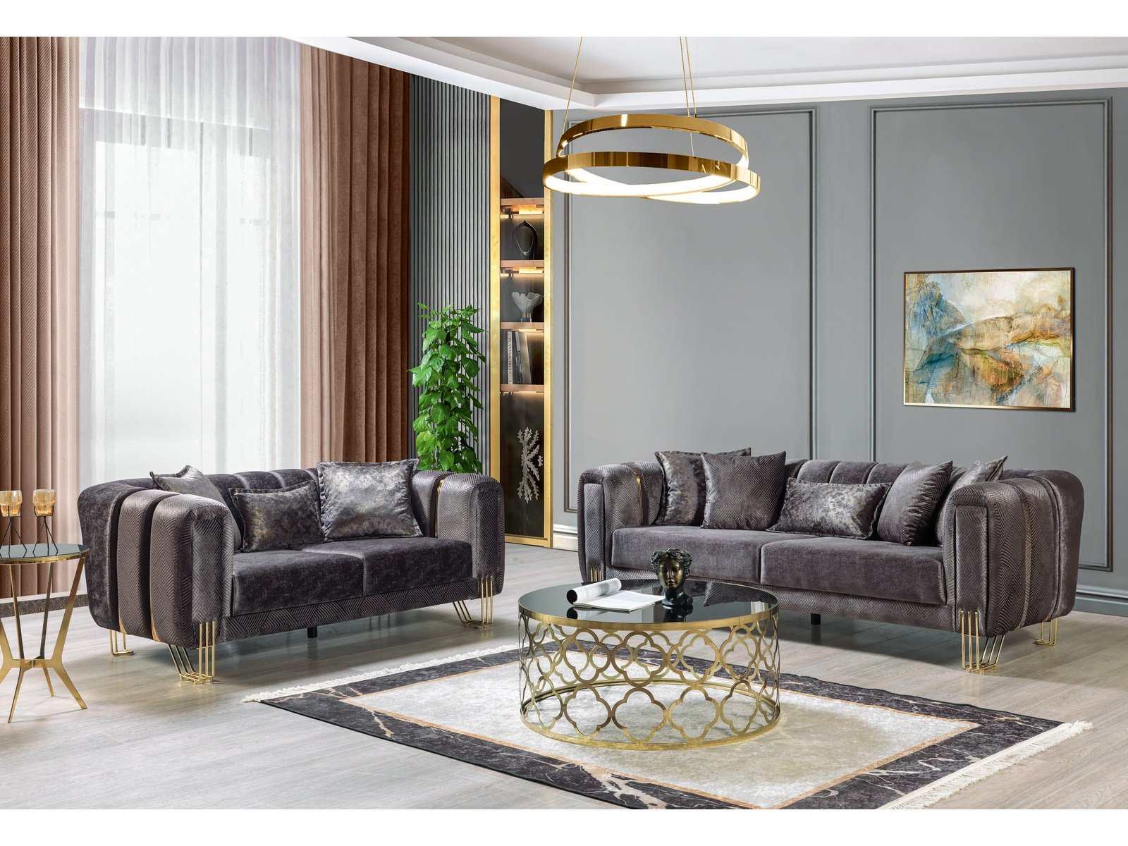 Santana Smoke Velvet Sofa & Loveseat / 2pc - Ornate Home