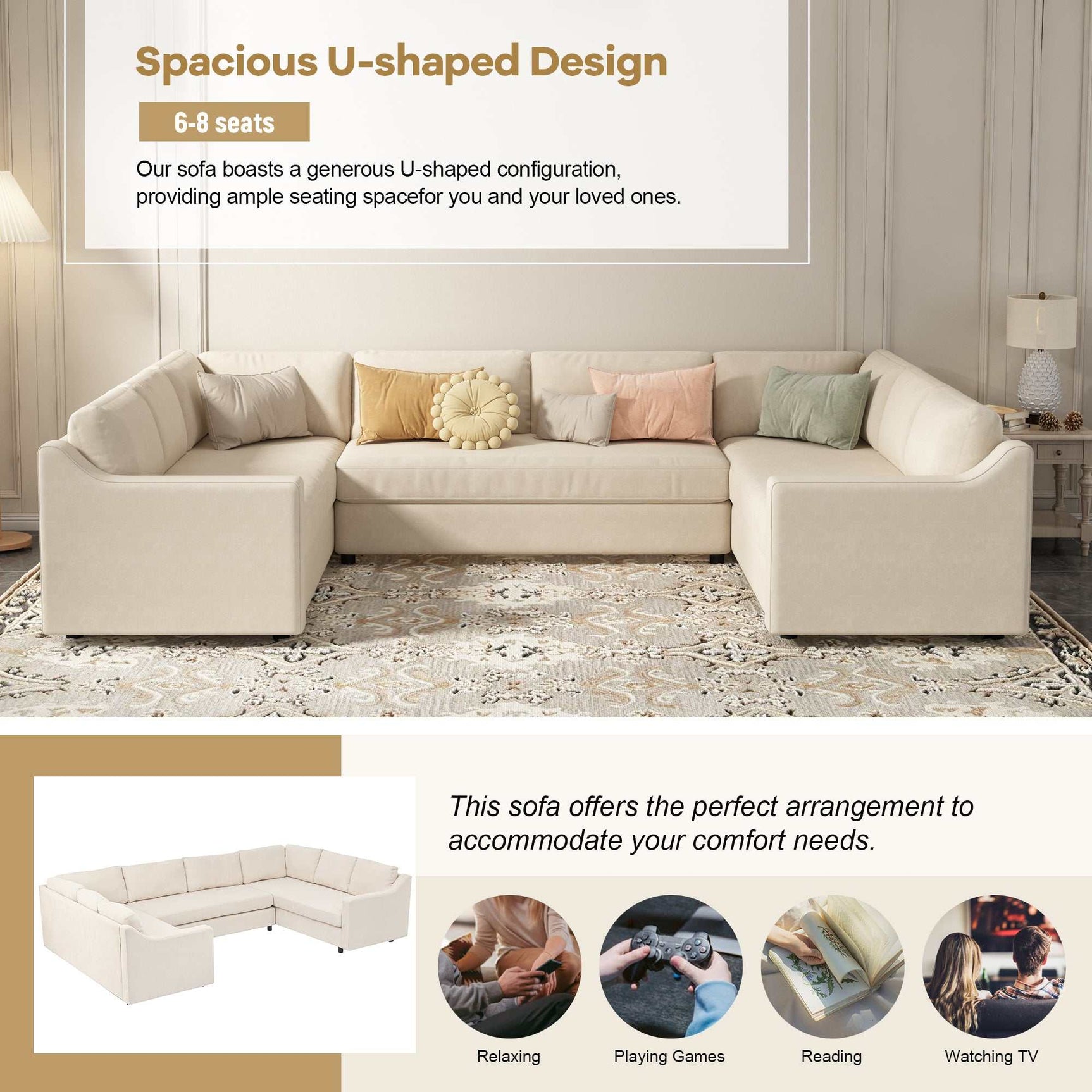 Shasta 3 Pieces Large Sectional Sofa Beige - Ornate Home