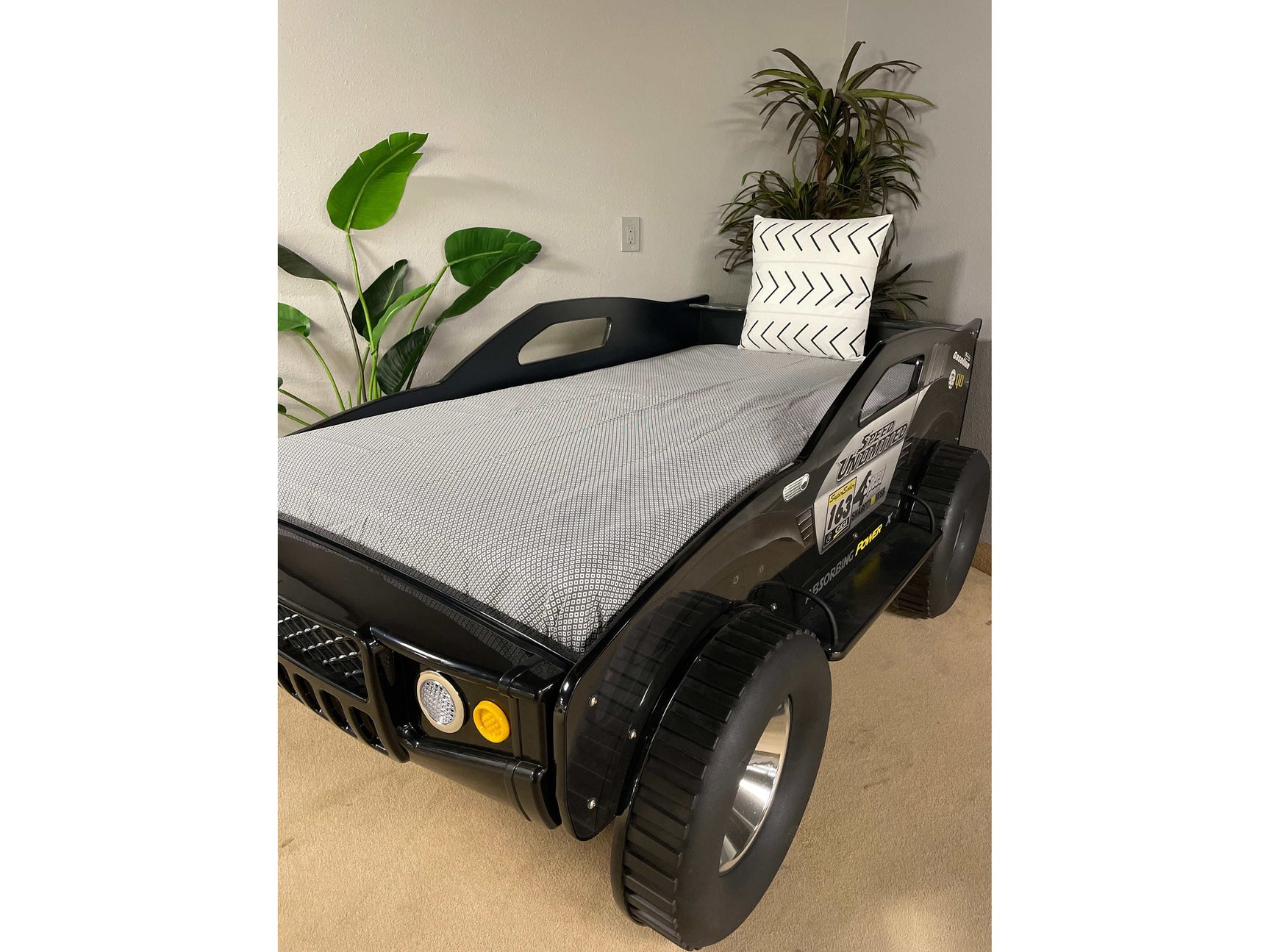 Speed Jump Black Off-Road Twin Car Bed w/ LED Headlights - Ornate Home