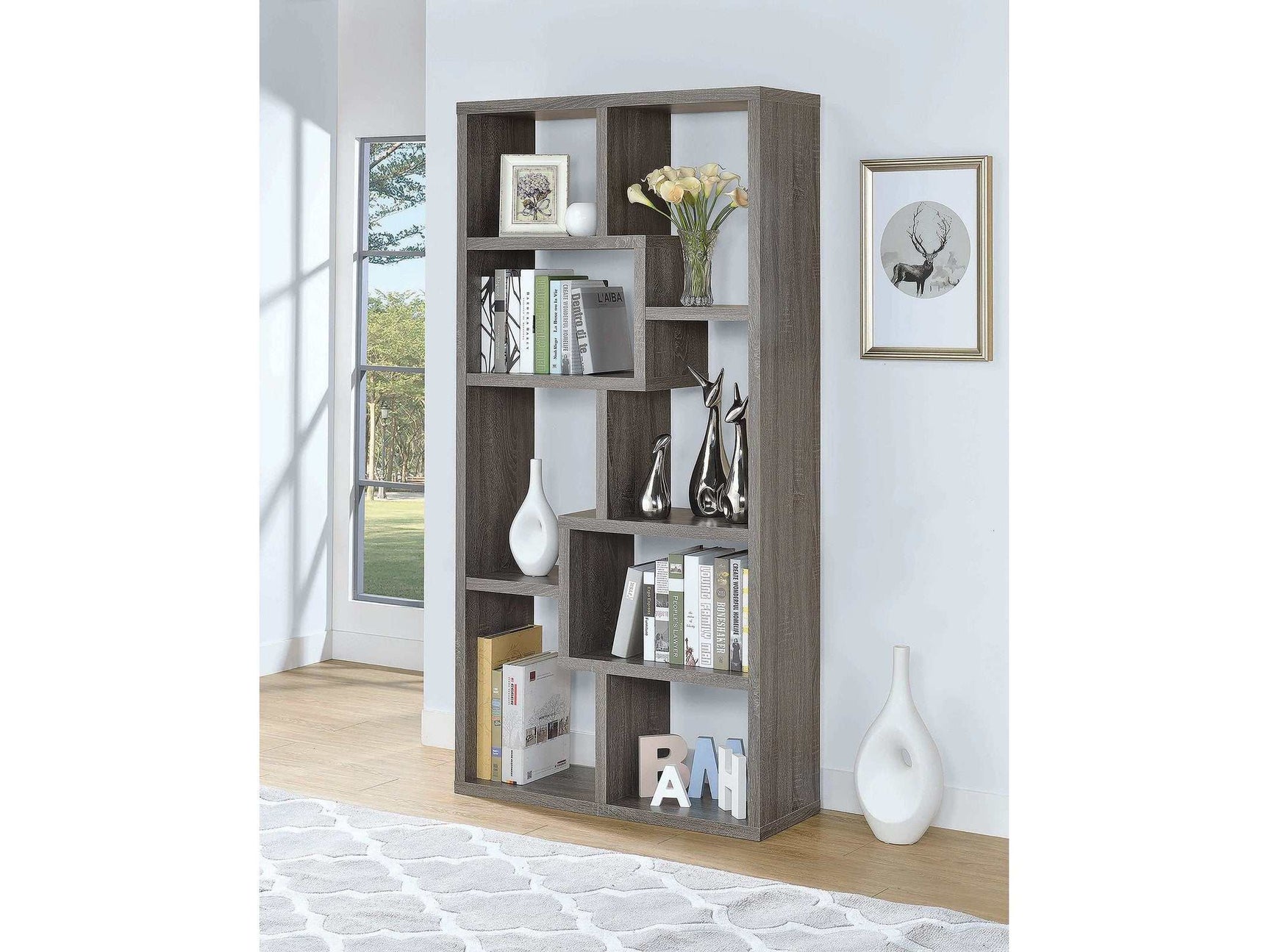 Theo Weathered Grey 10 Shelf Bookcase - Ornate Home