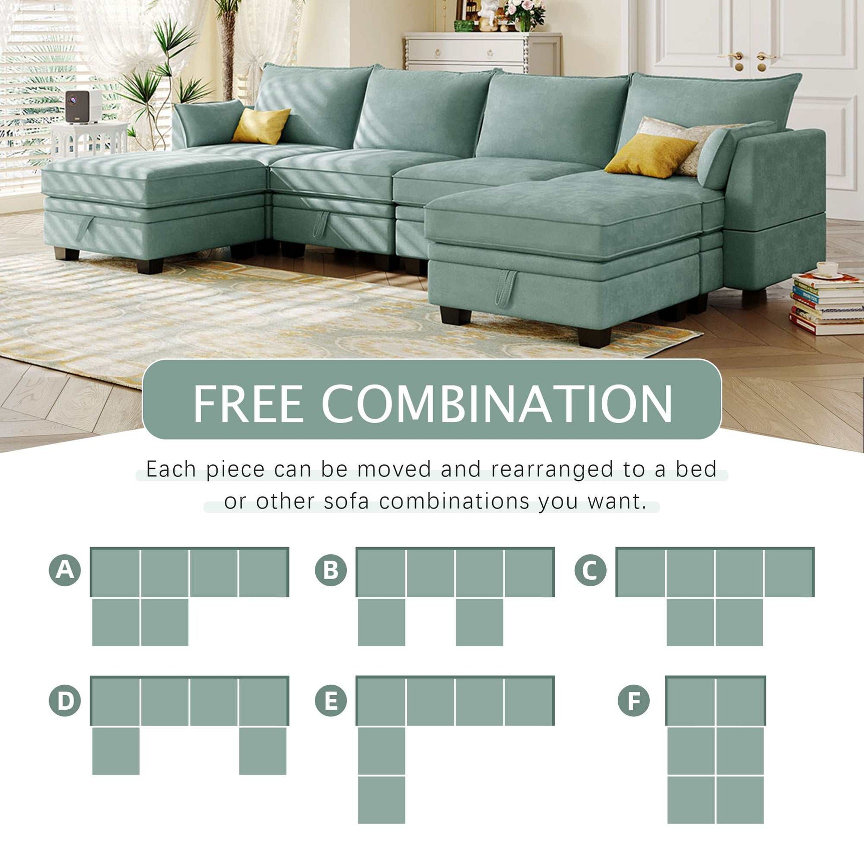 Torrey Modern Modular Sectional Sofa Light Green - Ornate Home