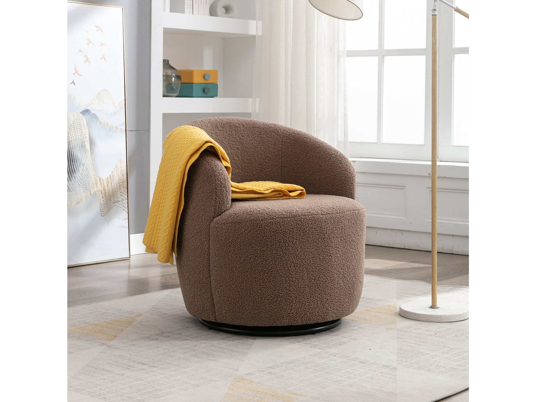 Tule Boucle Swivel Accent Armchair with Metal Ring Detail Coffee Brown - Ornate Home