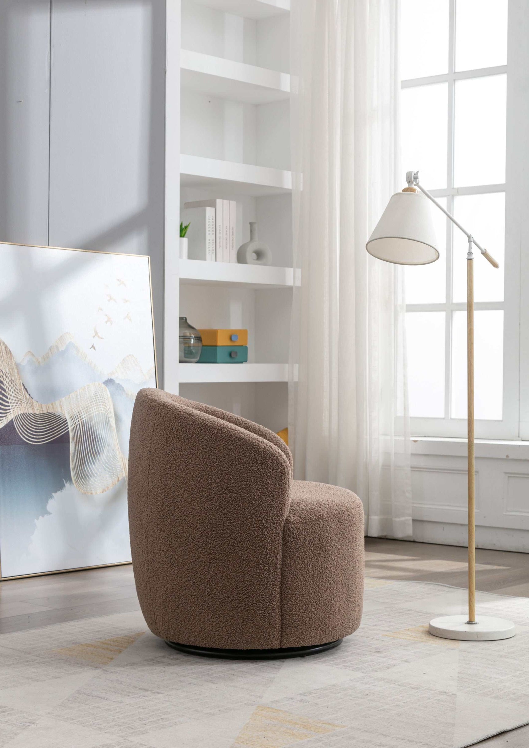 Tule Boucle Swivel Accent Armchair with Metal Ring Detail Coffee Brown - Ornate Home