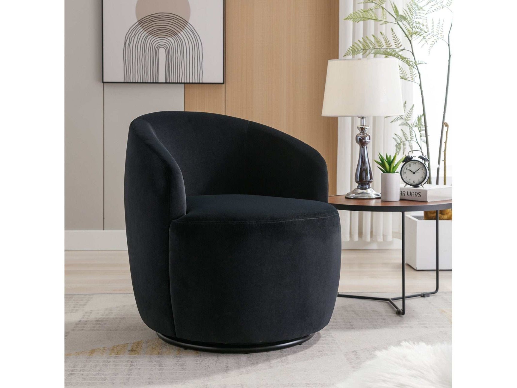 Tule Velvet Swivel Accent Armchair with Metal Ring Detail Black - Ornate Home