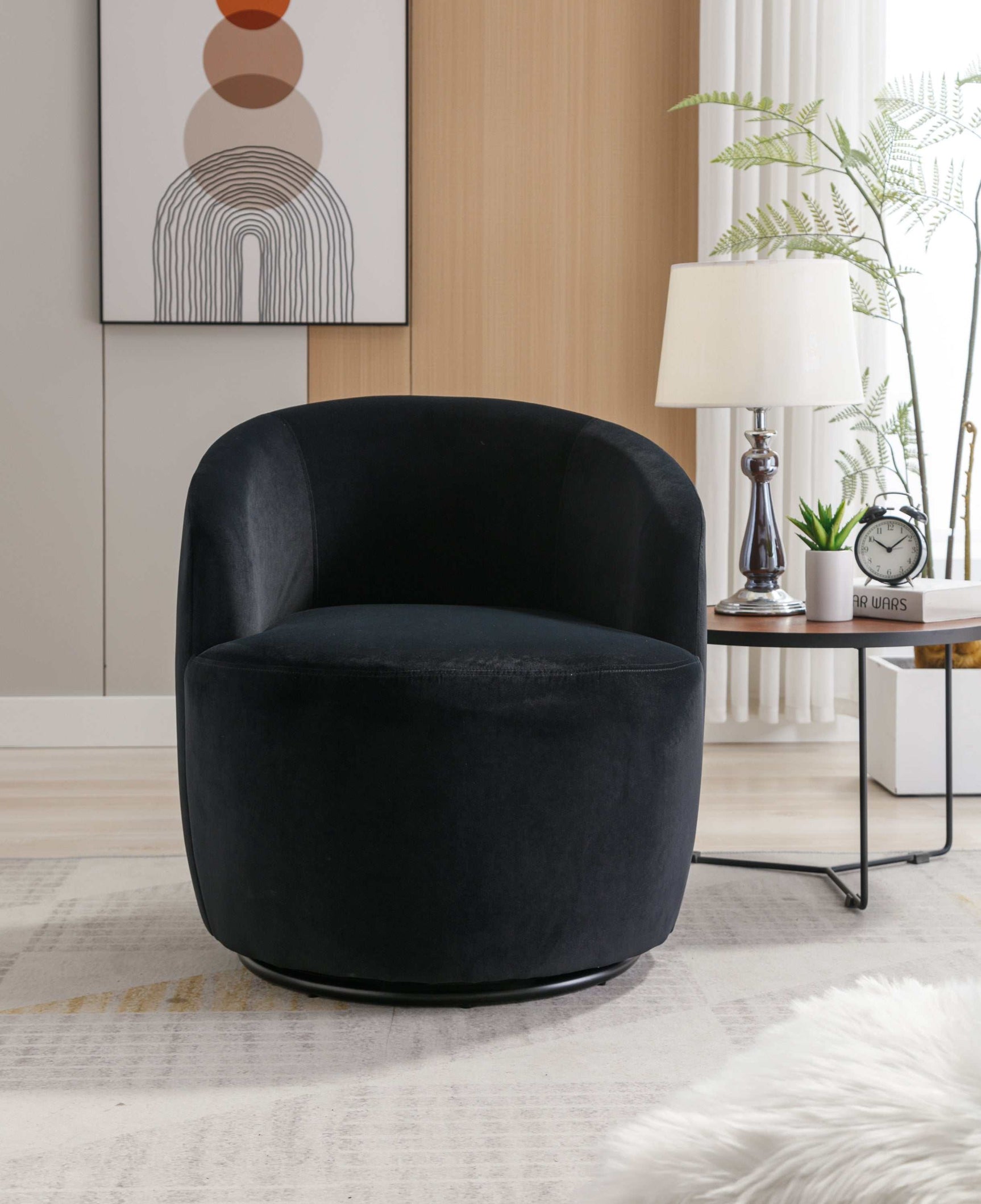Tule Velvet Swivel Accent Armchair with Metal Ring Detail Black - Ornate Home