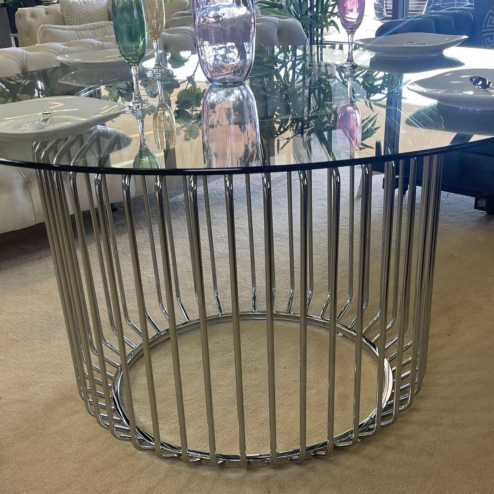 Veena Polished Chrome Round Dining Table Base - Ornate Home