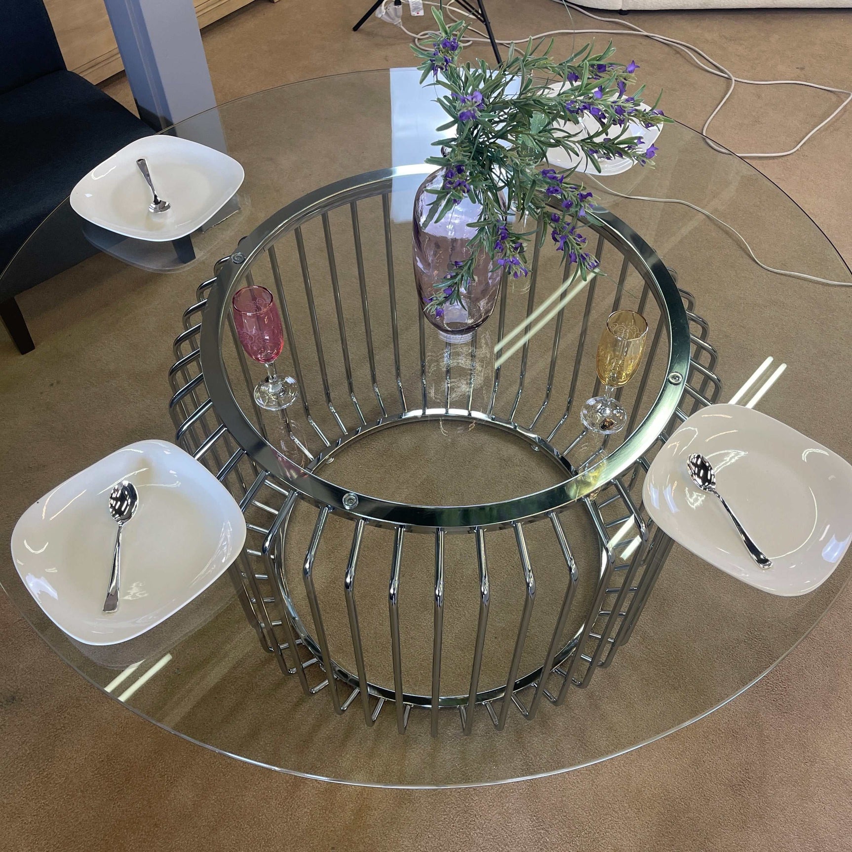 Veena Polished Chrome Round Dining Table Base - Ornate Home