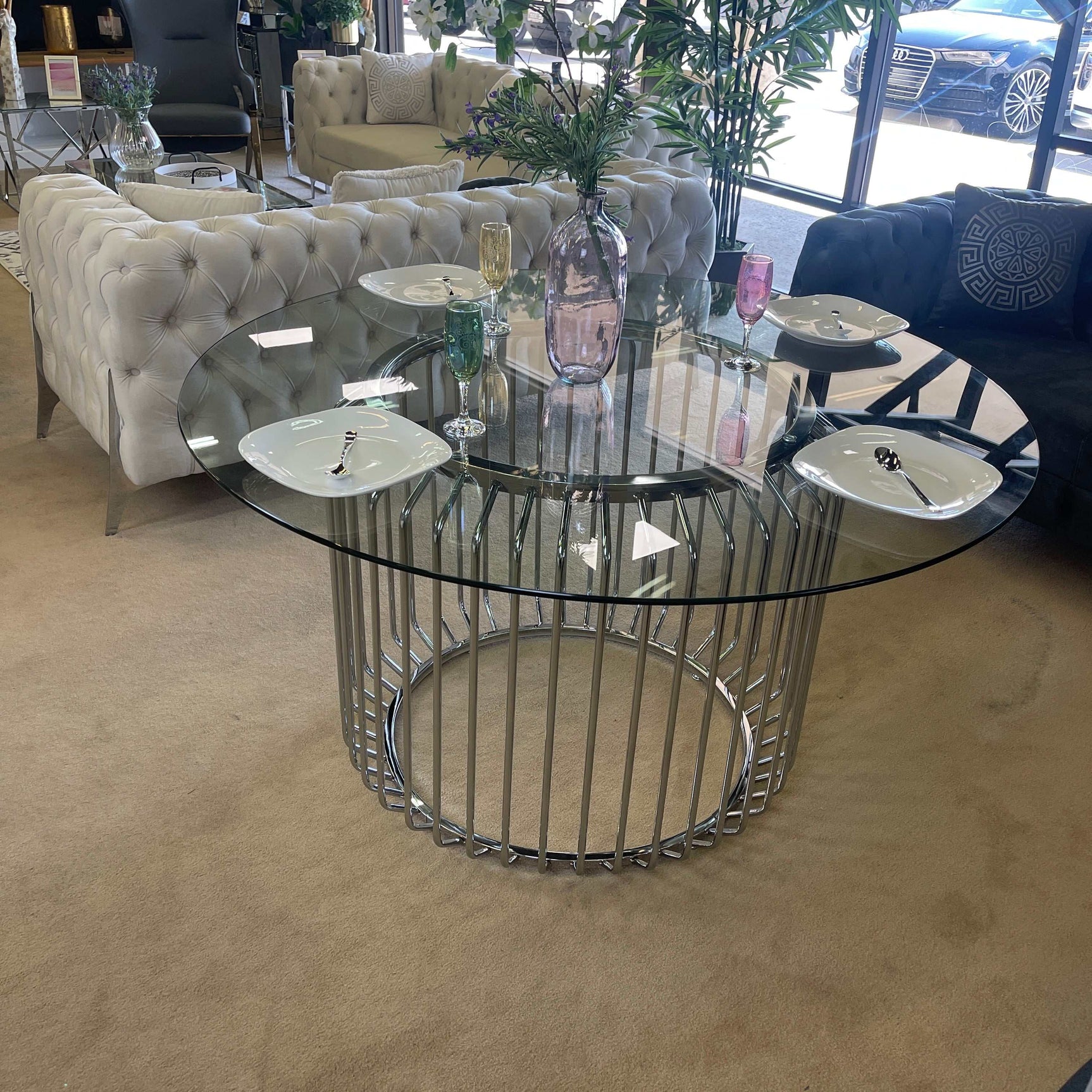 Veena Round Clear Tempered Glass & Chrome Dining Table - Ornate Home