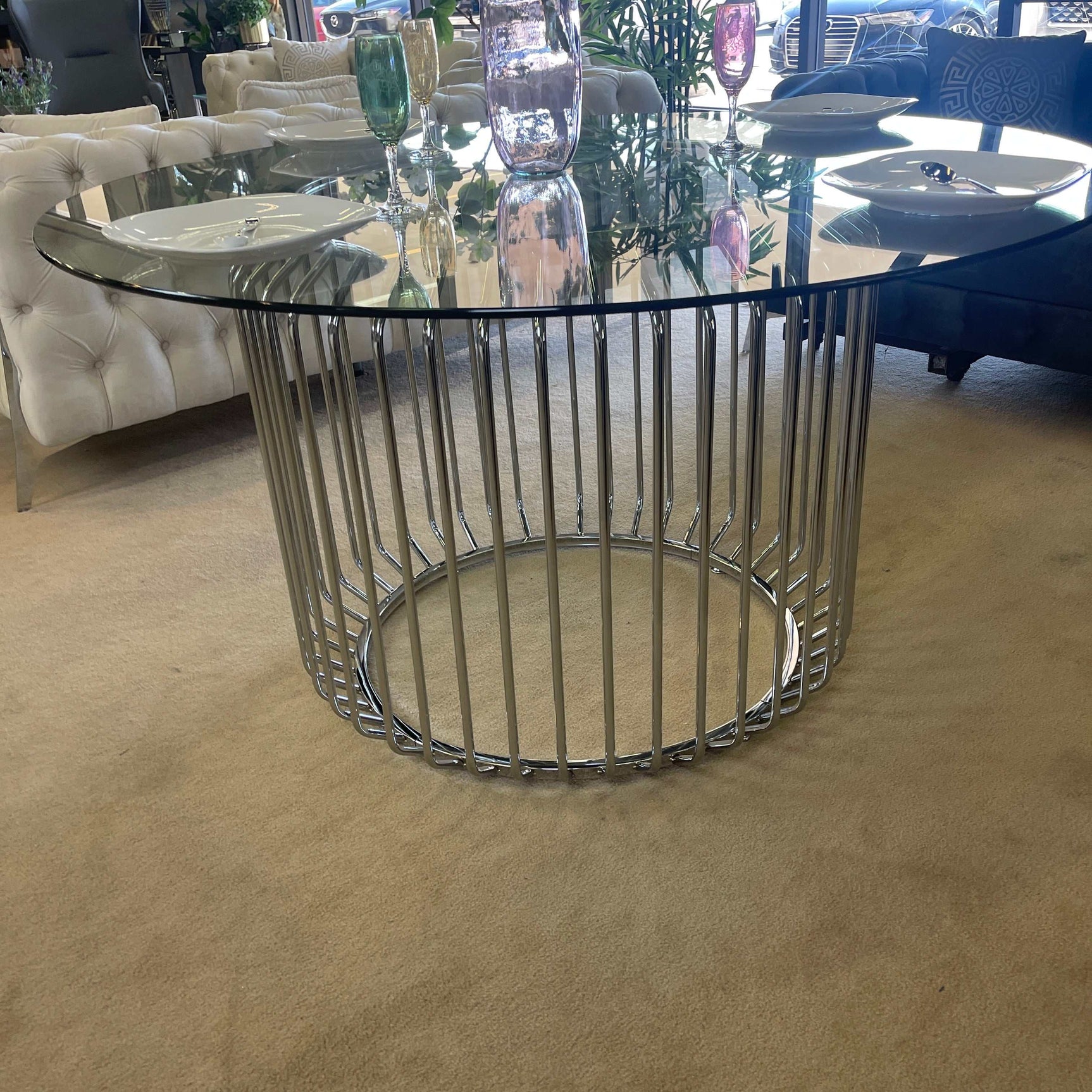 Veena Round Clear Tempered Glass & Chrome Dining Table - Ornate Home