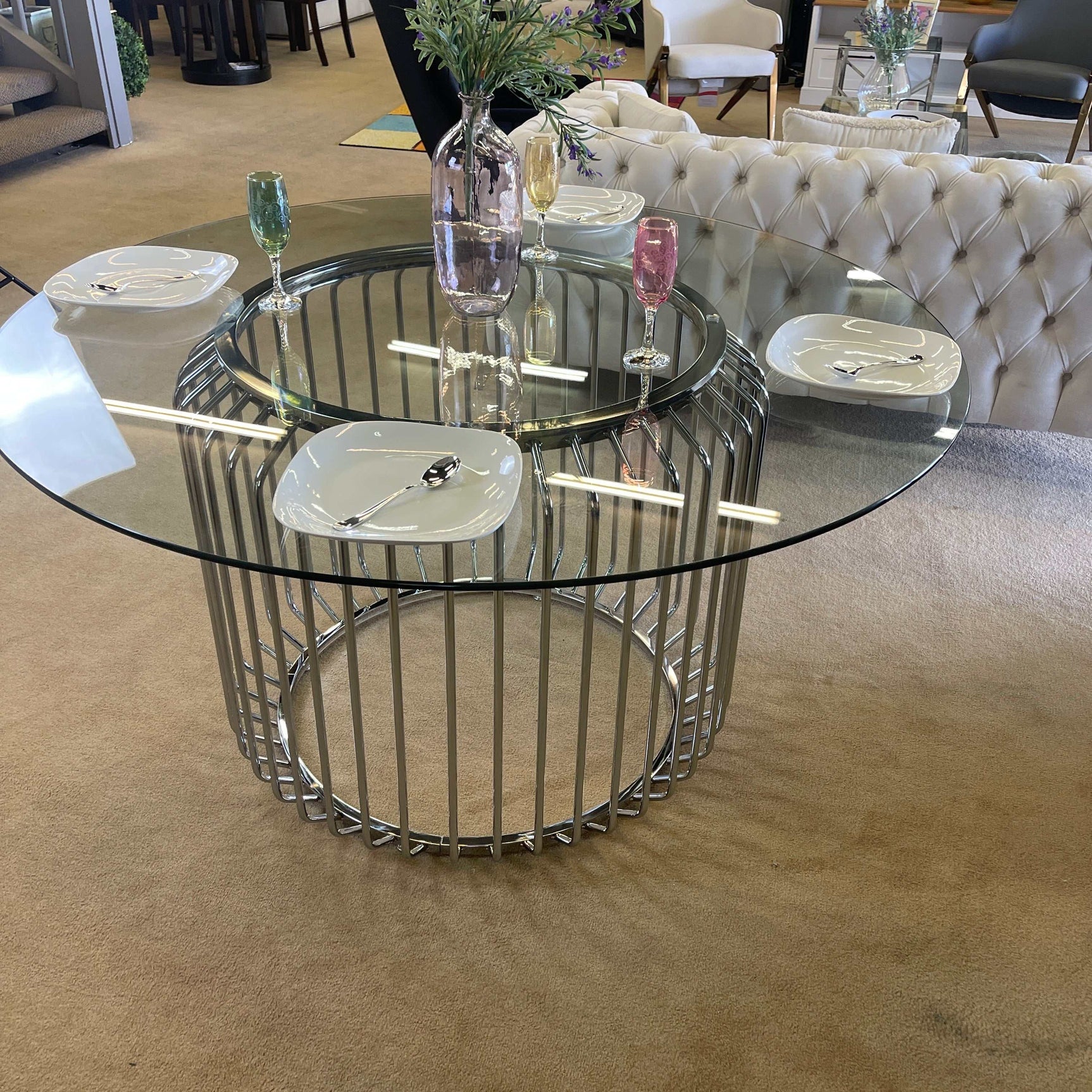 Veena Round Clear Tempered Glass & Chrome Dining Table - Ornate Home