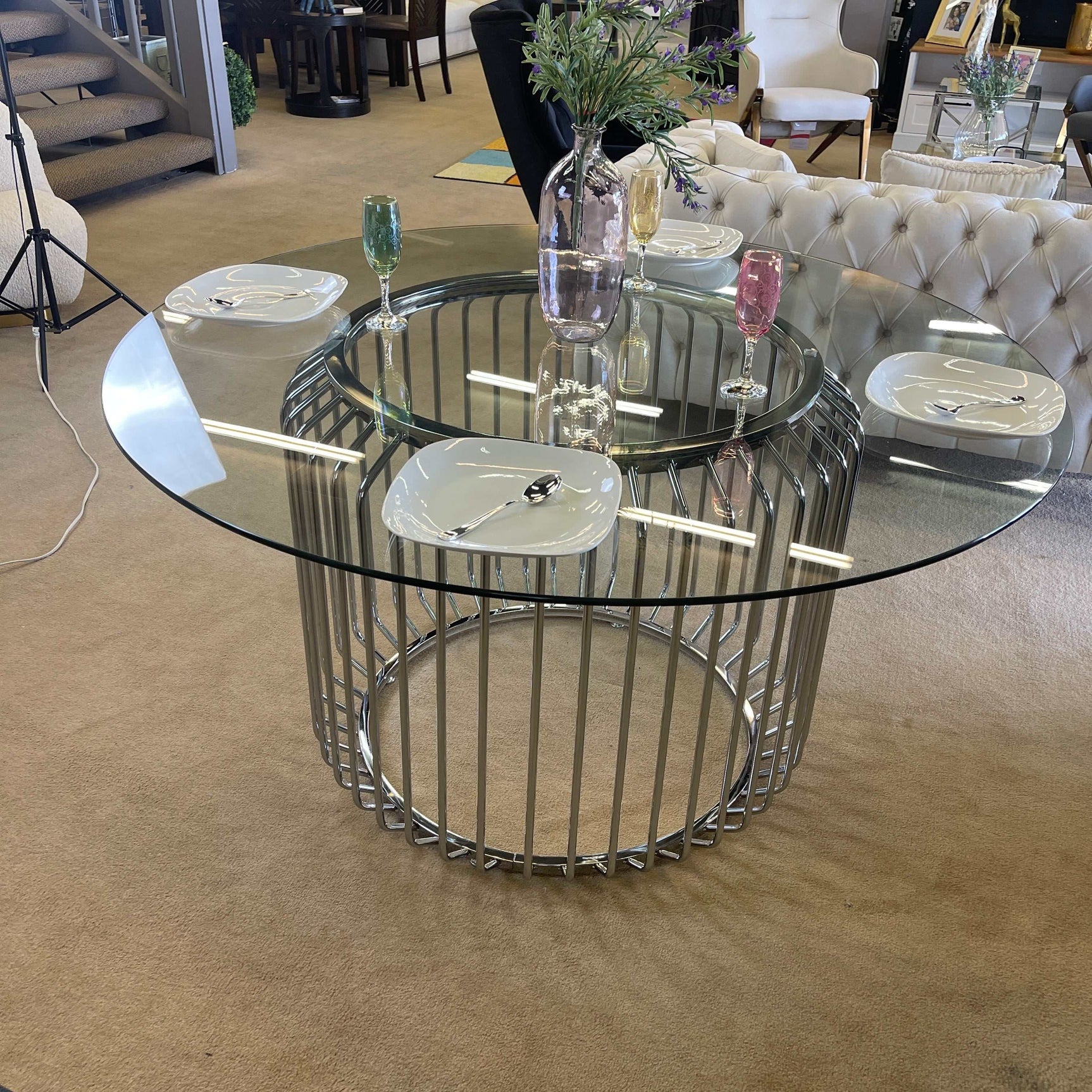 Veena Round Clear Tempered Glass & Chrome Dining Table - Ornate Home