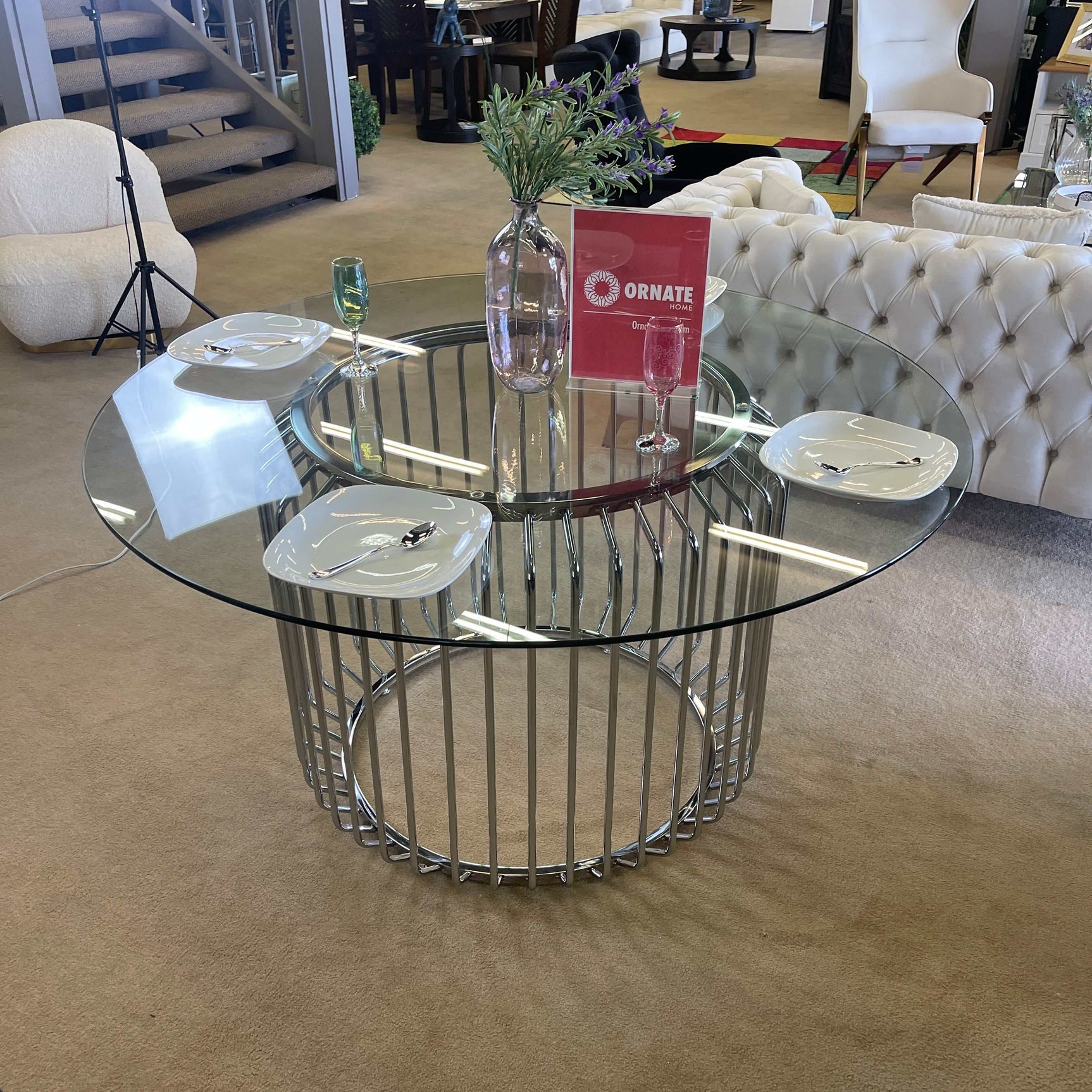 Veena Round Clear Tempered Glass & Chrome Dining Table - Ornate Home