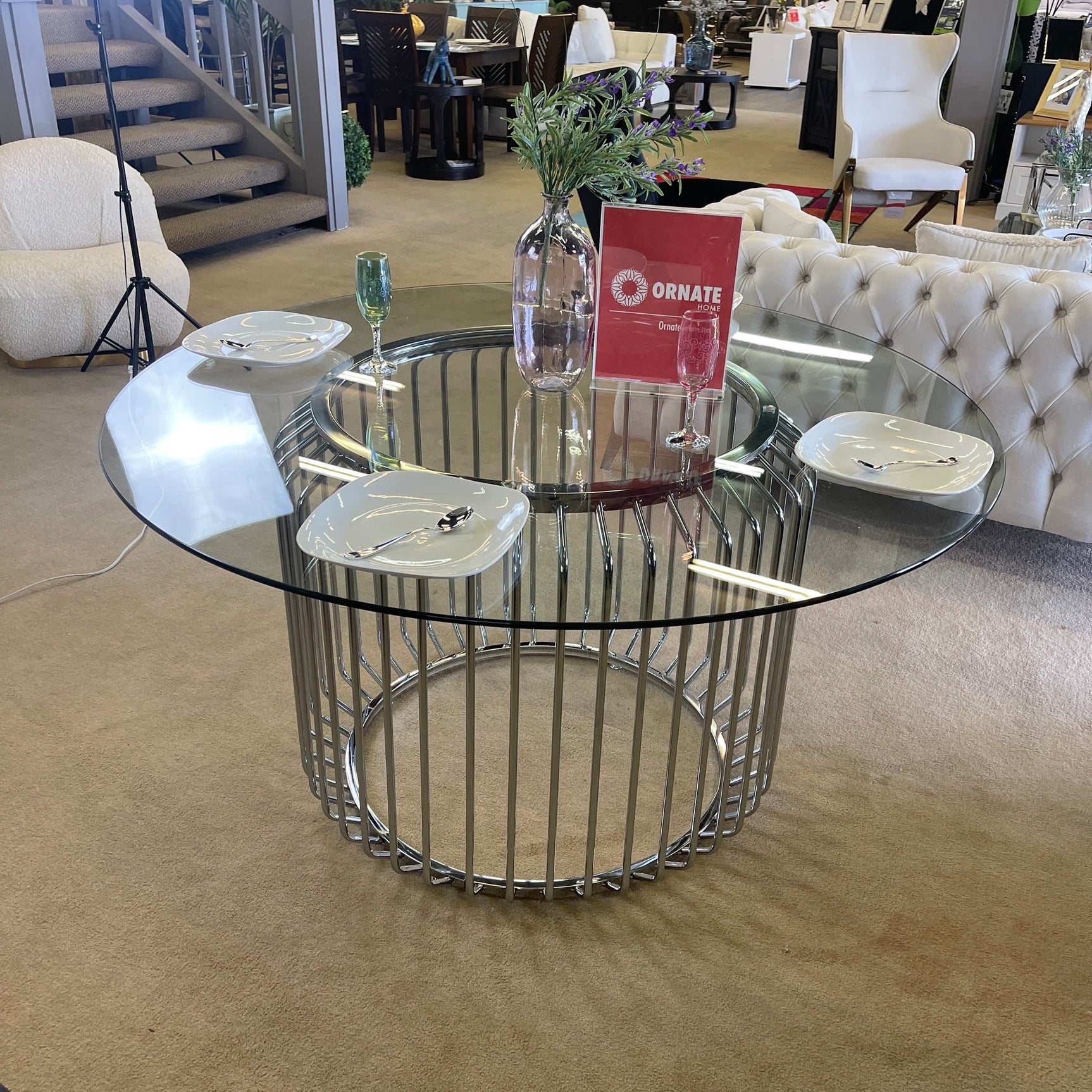 Veena Round Clear Tempered Glass & Chrome Dining Table - Ornate Home