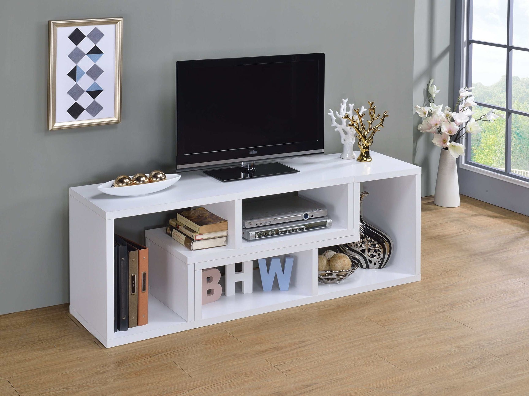 Velma White Convertible TV Console & Bookcase - Ornate Home