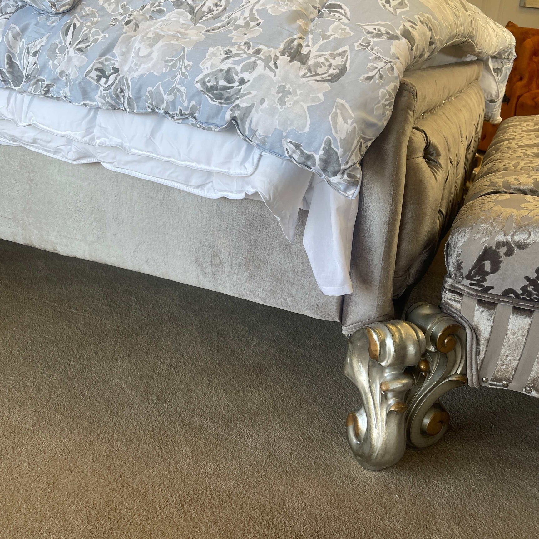Versailles Antique Platinum Velvet Queen Bed - Ornate Home