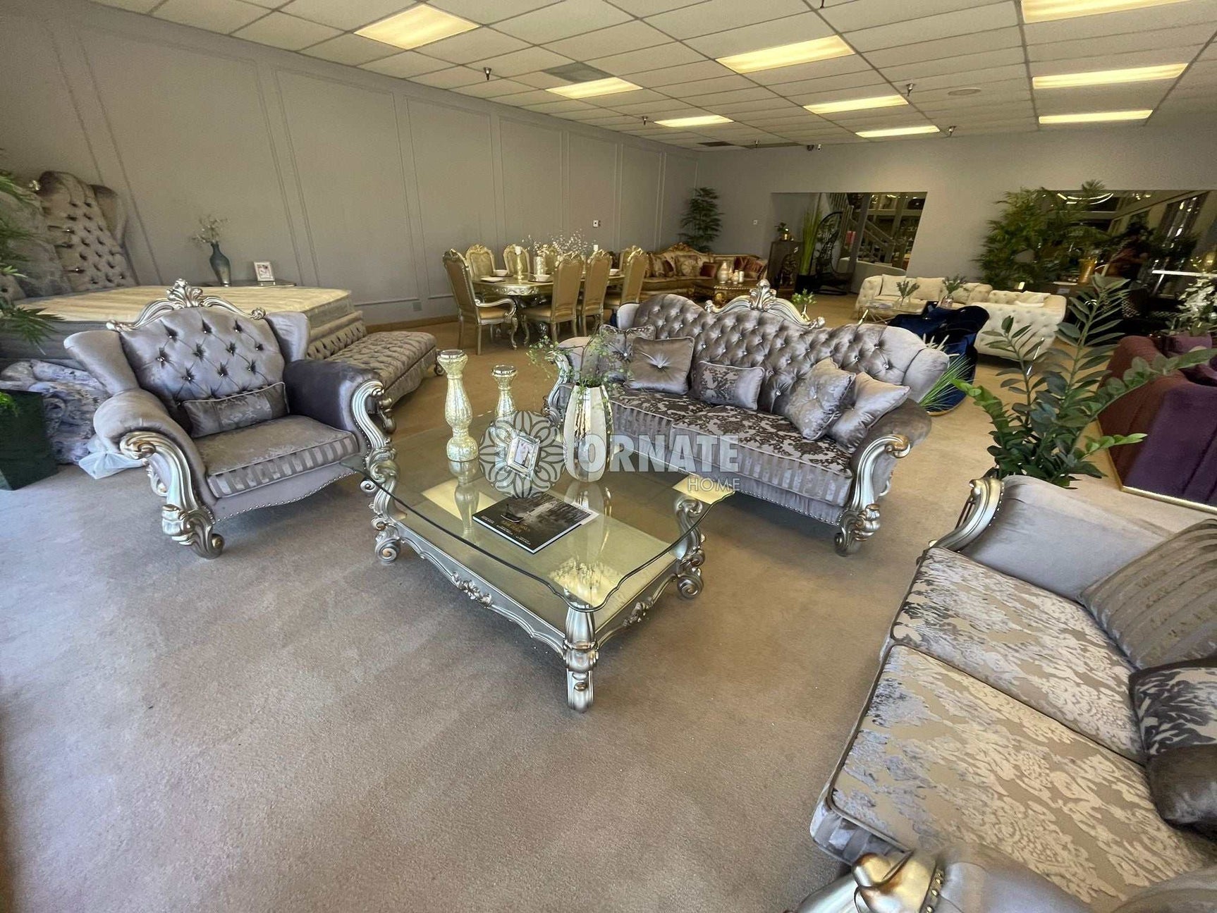 Versailles Velvet & Antique Platinum Loveseat w/3 Pillows - Ornate Home