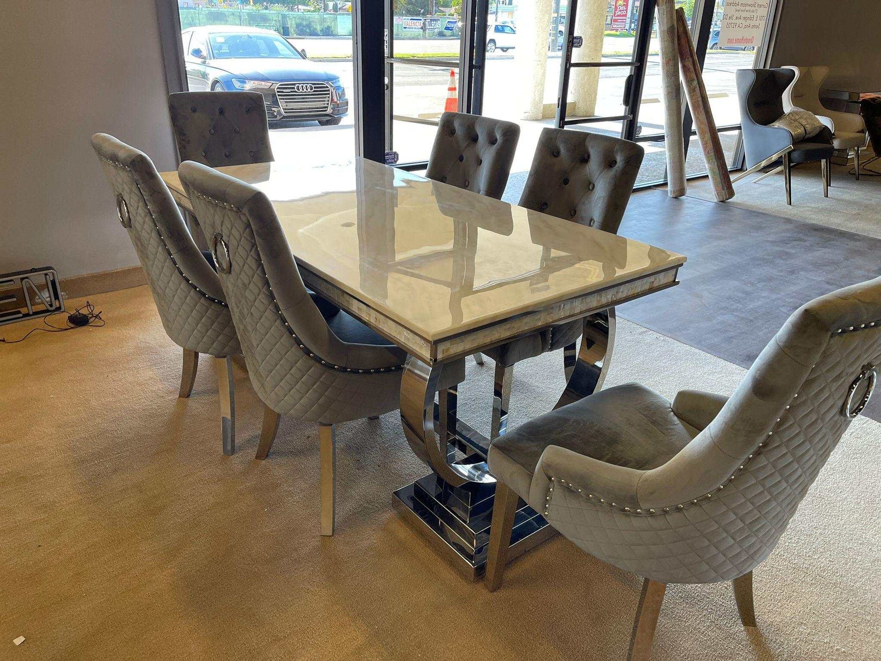 Zander White Faux Marble & Mirrored Silver 7pc Dining Room Set - Ornate Home