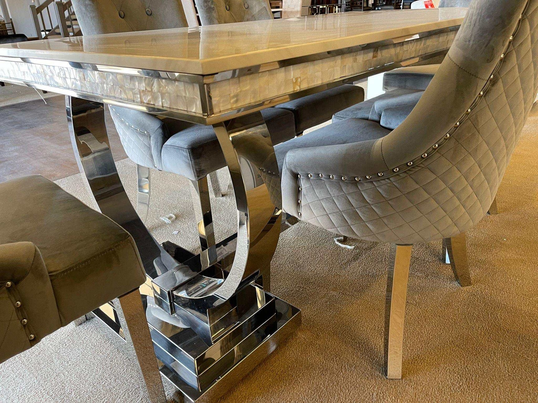 Zander White Faux Marble & Mirrored Silver 7pc Dining Room Set - Ornate Home