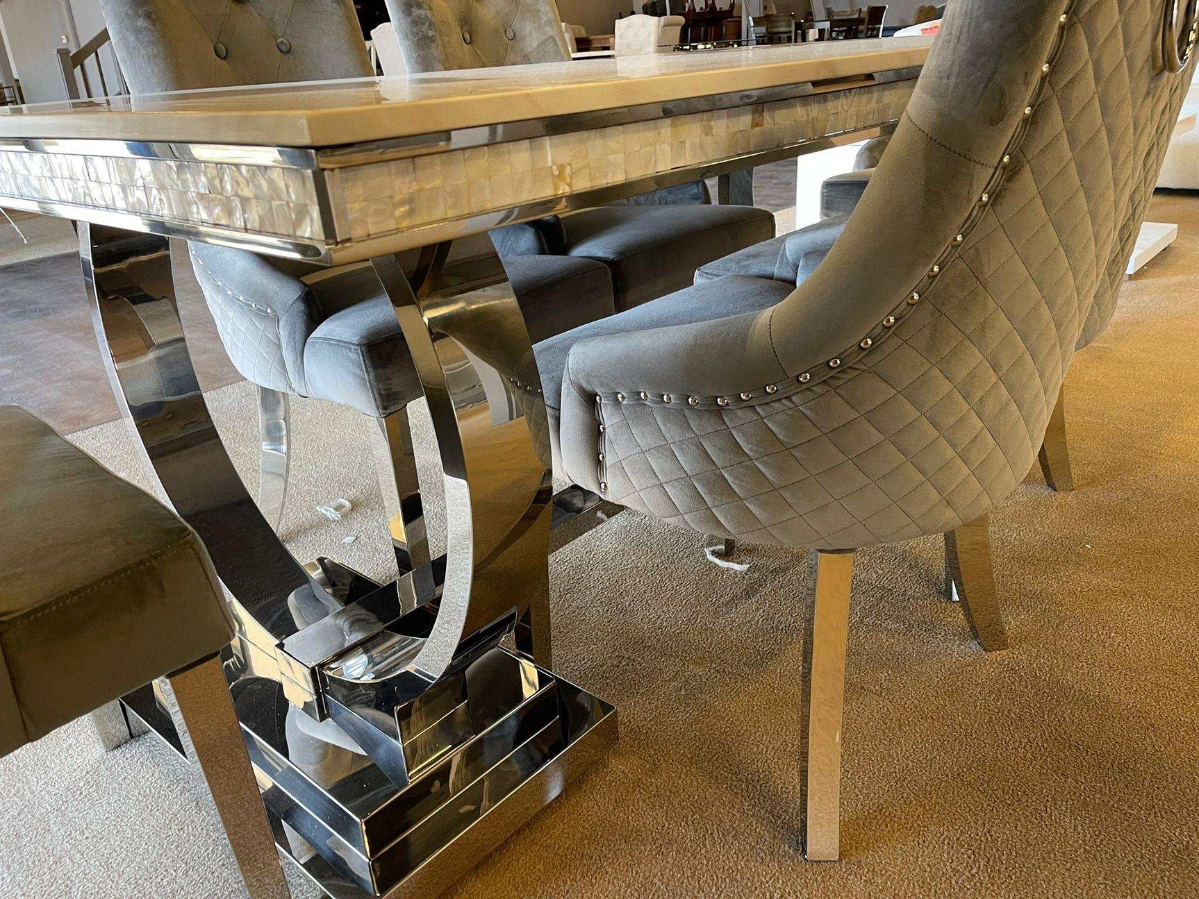 Zander White Faux Marble & Mirrored Silver 7pc Dining Room Set - Ornate Home