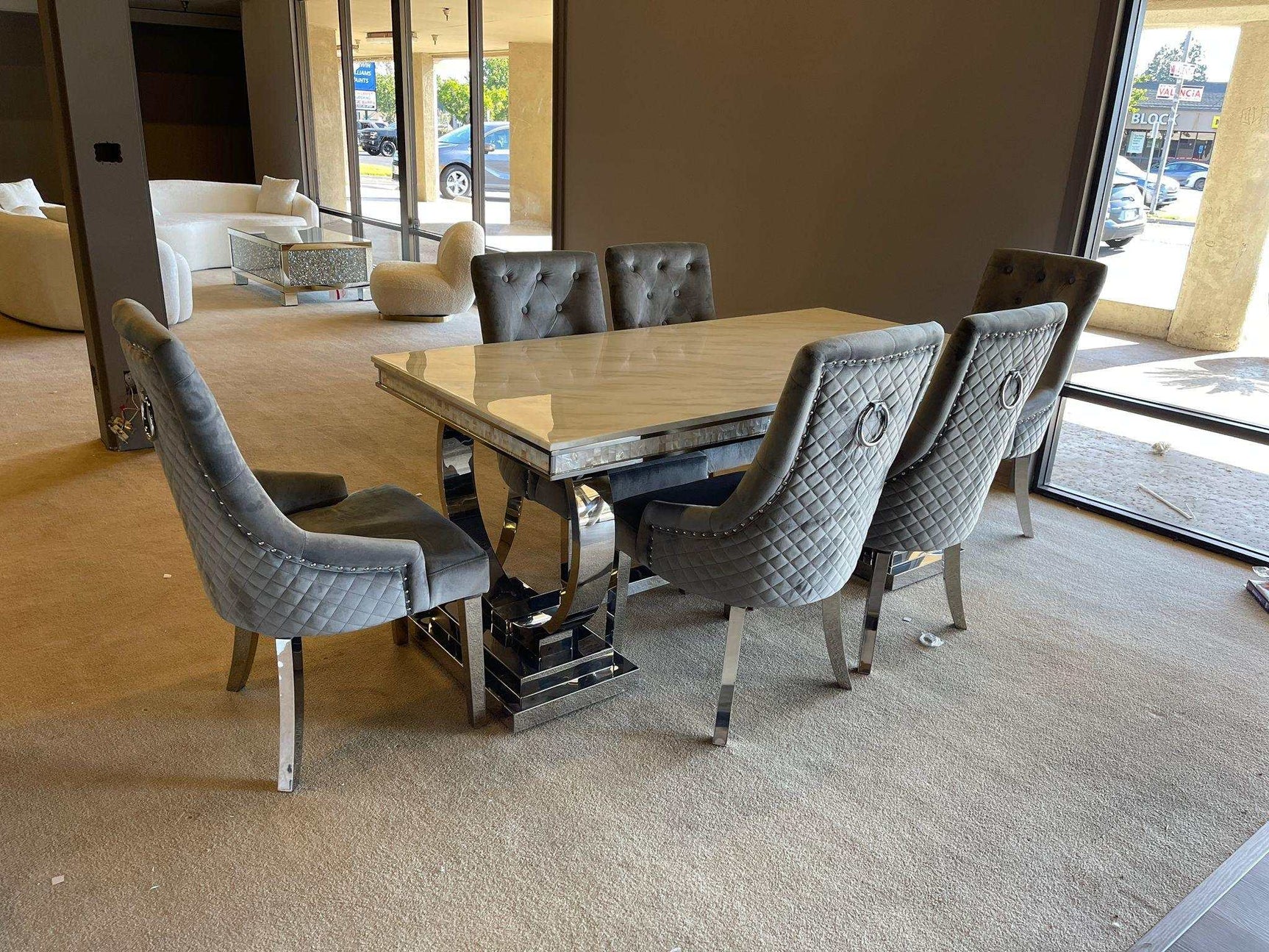 Zander White Faux Marble & Mirrored Silver 7pc Dining Room Set - Ornate Home