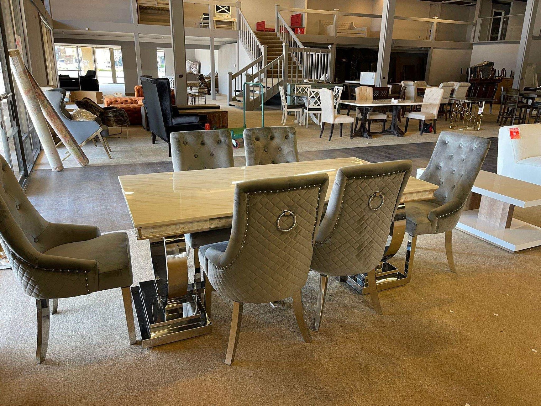 Zander White Faux Marble & Mirrored Silver 7pc Dining Room Set - Ornate Home