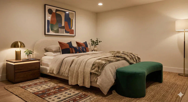 A comprehensive display of 2026 bedroom trends featuring a curved bouclé bed, layered neutral bedding with a green velvet bench, a smart walnut nightstand, and mixed material decor.