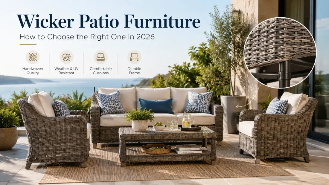All-weather wicker patio furniture set with cushions, woven texture detail, and durable frame guide for choosing outdoor furniture