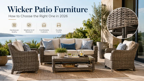 All-weather wicker patio furniture set with cushions, woven texture detail, and durable frame guide for choosing outdoor furniture