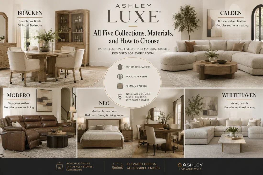 Ashley Luxe furniture comparison featuring the Bracken, Calden, Modero, Neo, and Whitehaven collections across dining, bedroom, and living room settings.